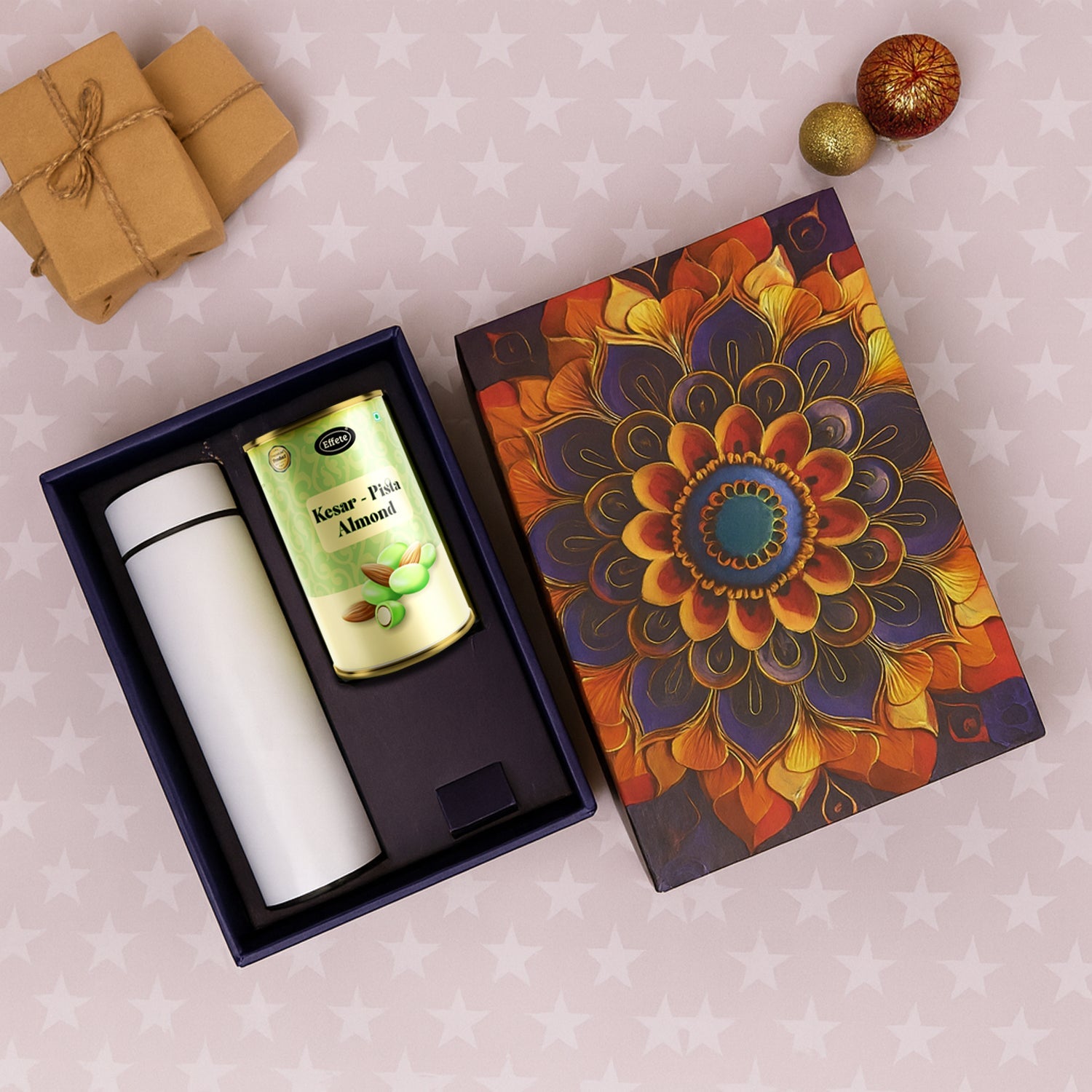 Festive gift hamper packaging with premium Kesar Pista chocolate almonds and bottle