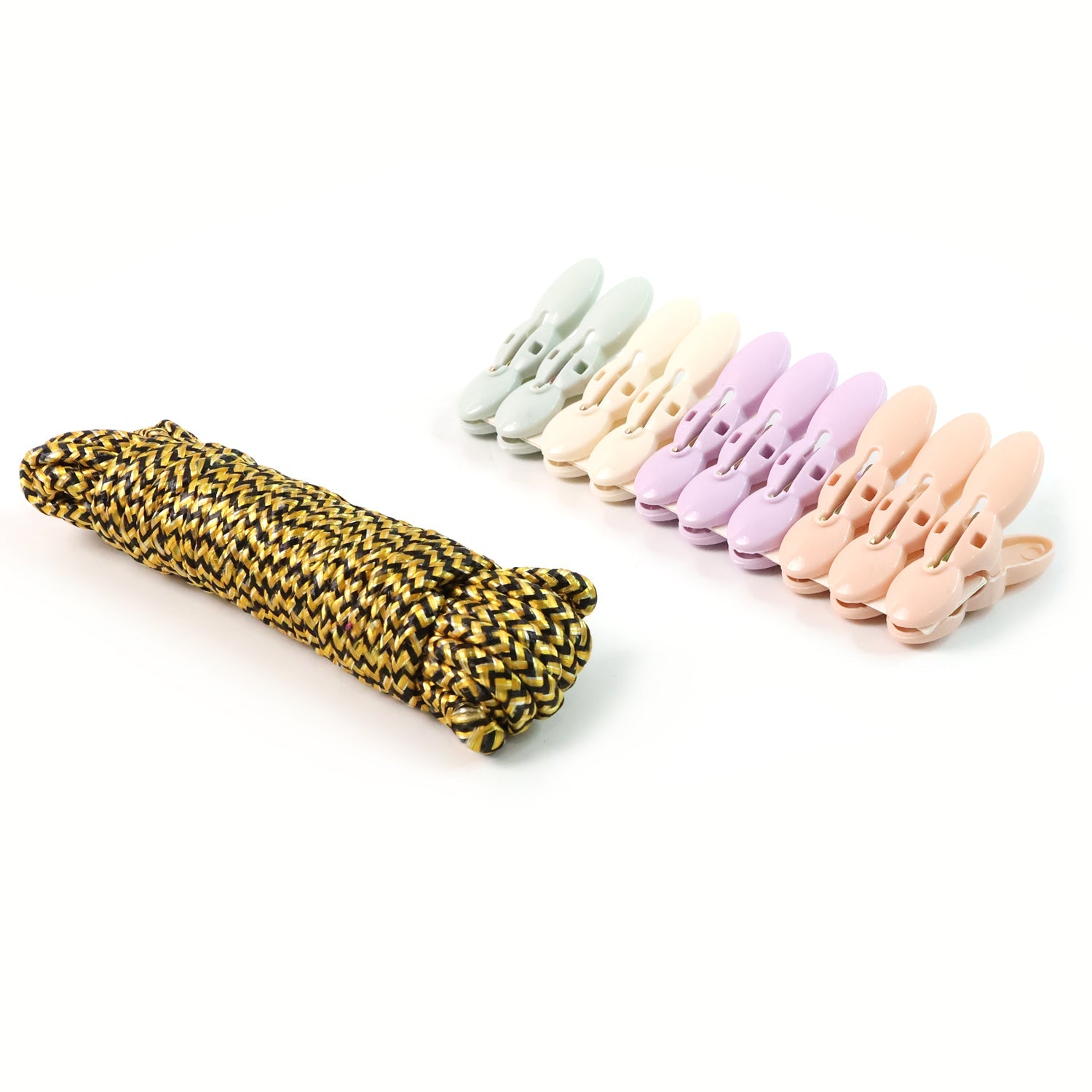 Close-up of spring-loaded fabric-friendly cloth clips for drying rope