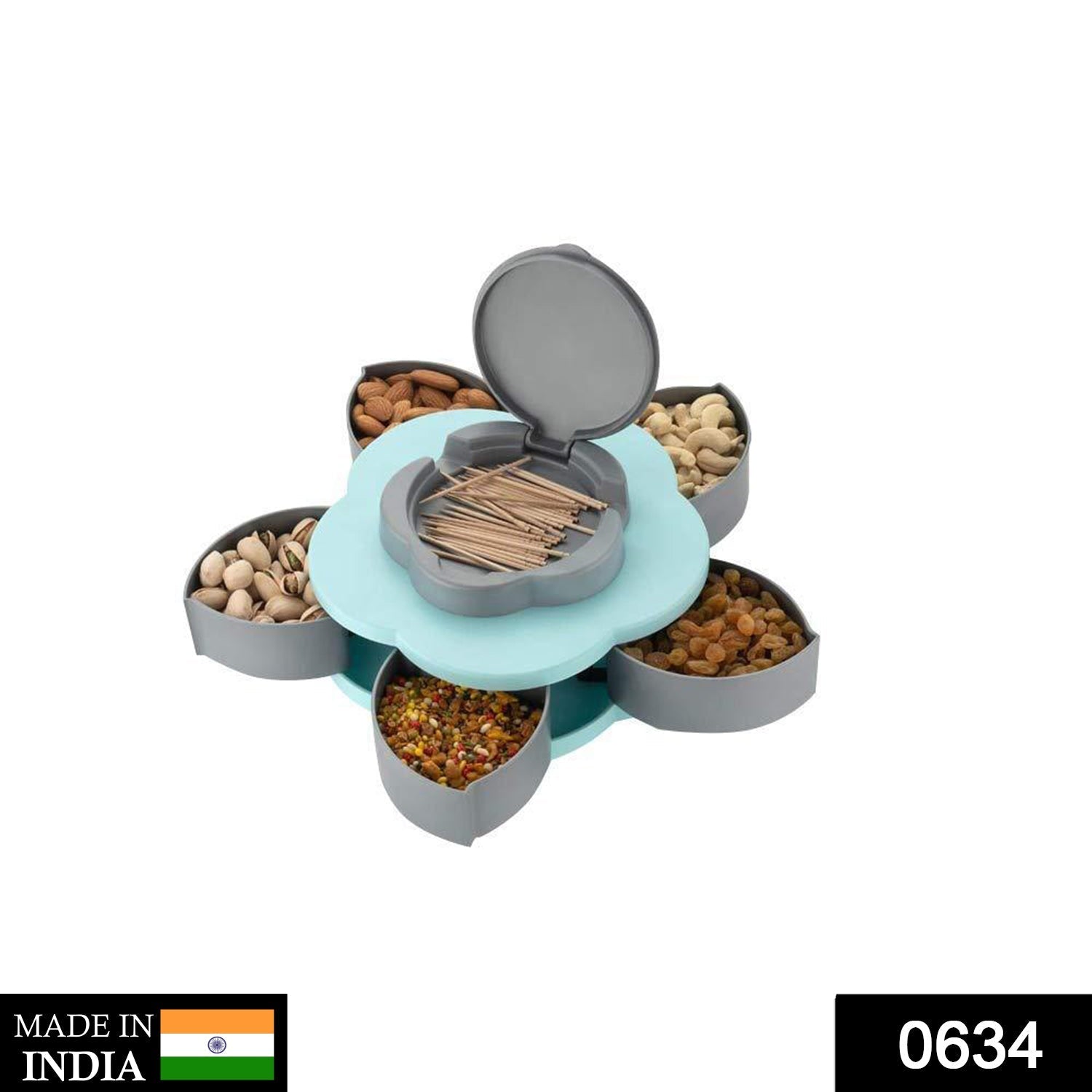 Modern petal-shaped smart candy box open to show five compartments.