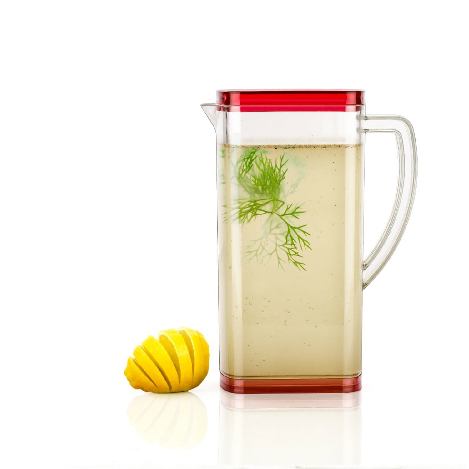 Durable 2000ml plastic jug filled with water, ready for serving.