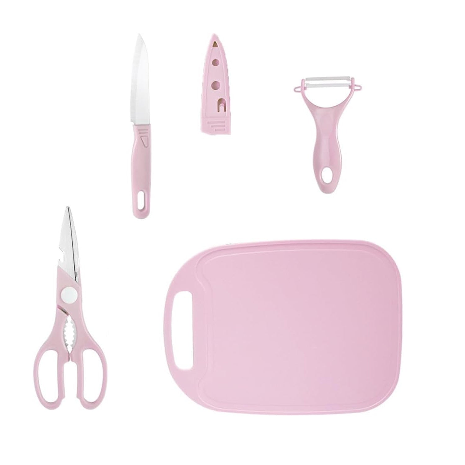 Portable cutting board kit including peeler and scissors for travel.
