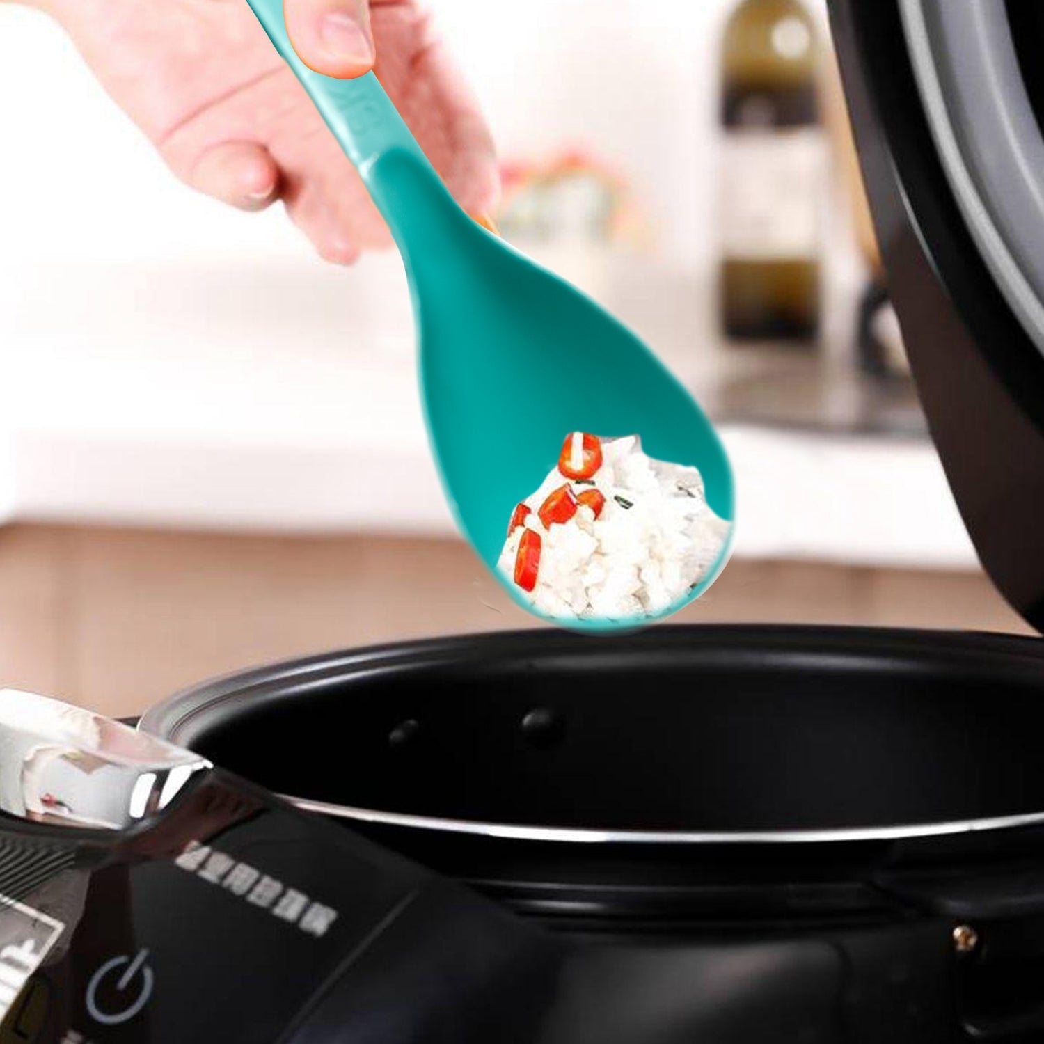 Close-up of a durable BPA-free plastic serving spoon with a smooth finish, ideal for kitchen use.