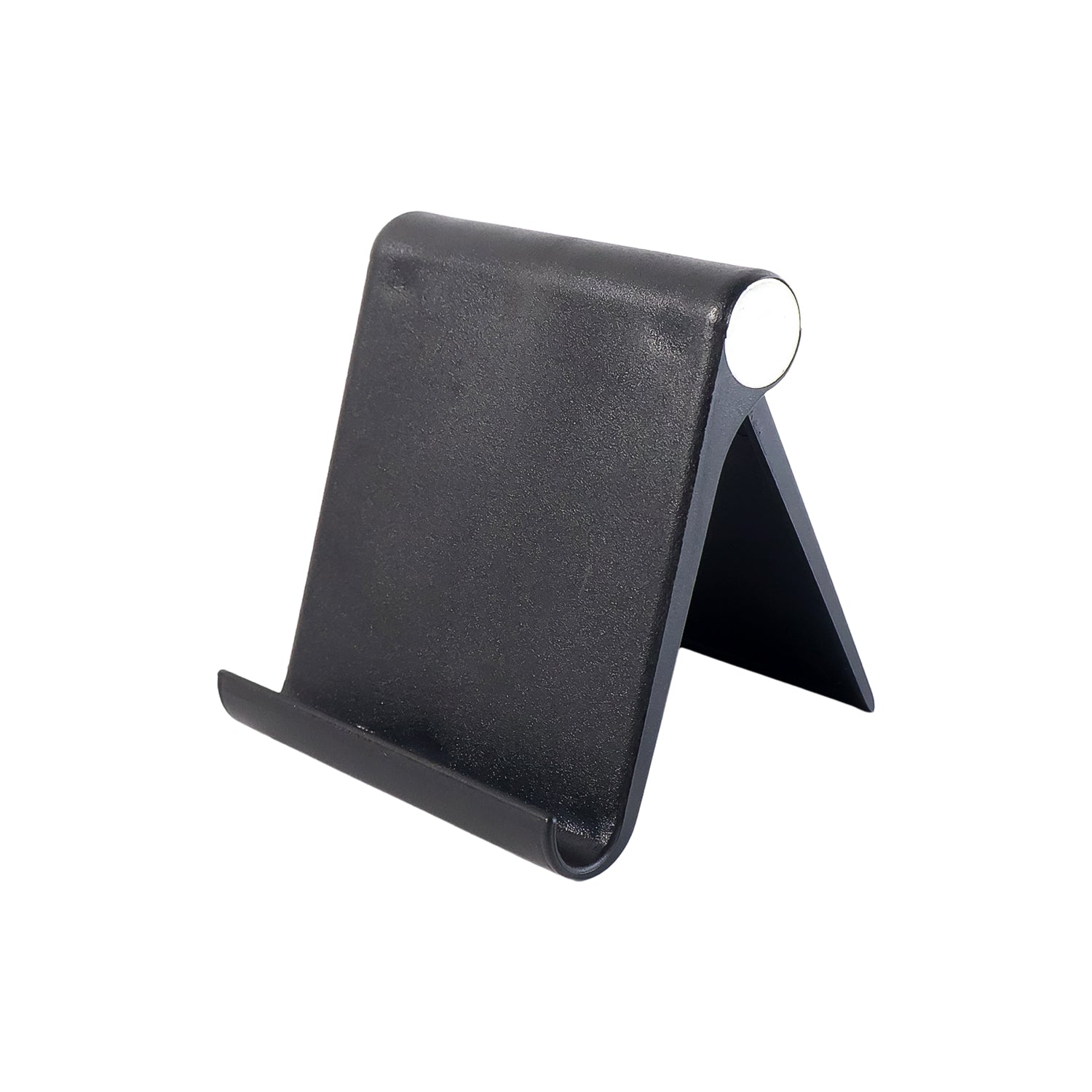 Desktop mobile stand with front lip securely holding smartphone in landscape mode