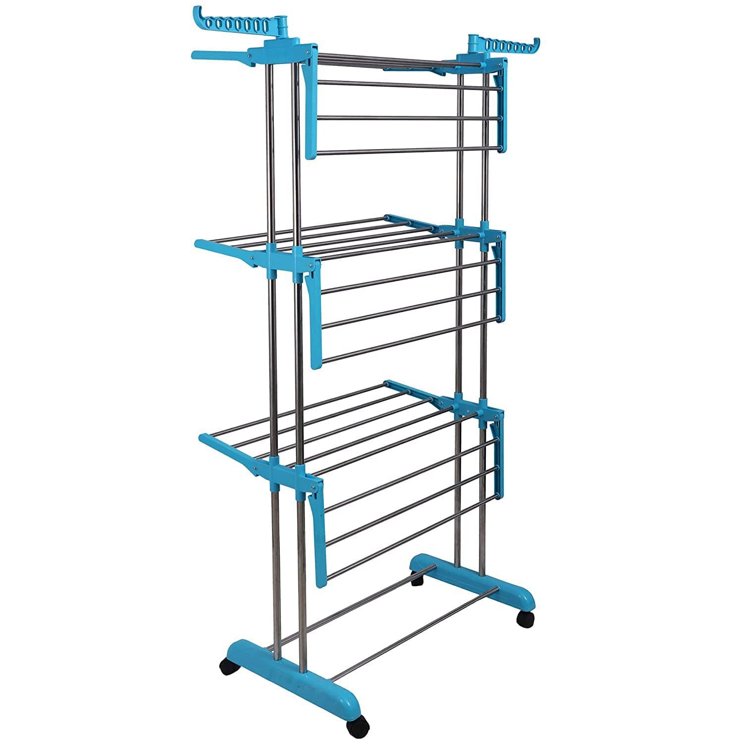 Clothes drying stand with laundry, showing ample space on three tiers.
