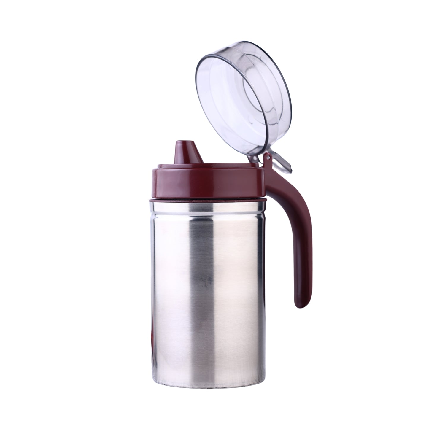 Side view of the 500ml stainless steel oil dispenser, showing its ergonomic handle.