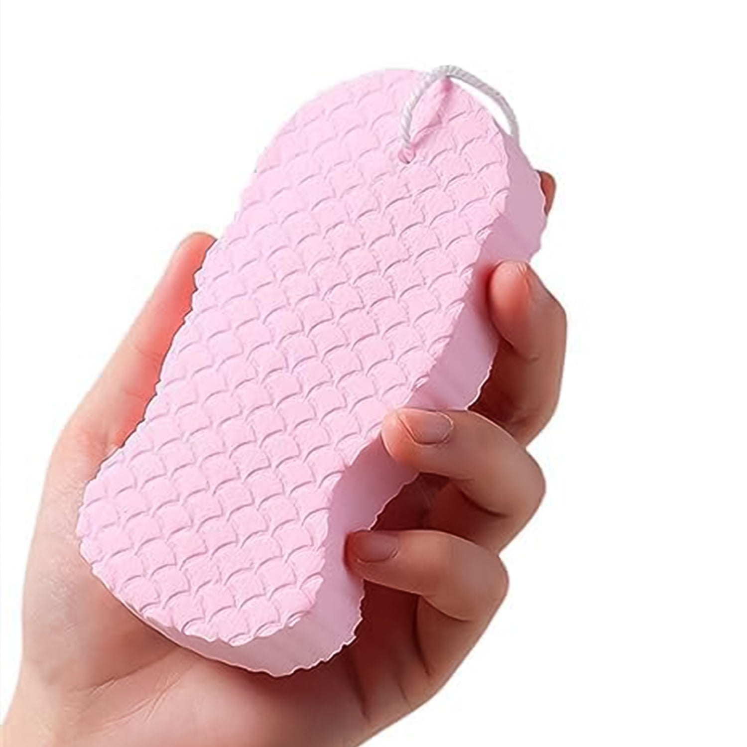 Wet exfoliating sponge with water drops, ready for use in the shower.