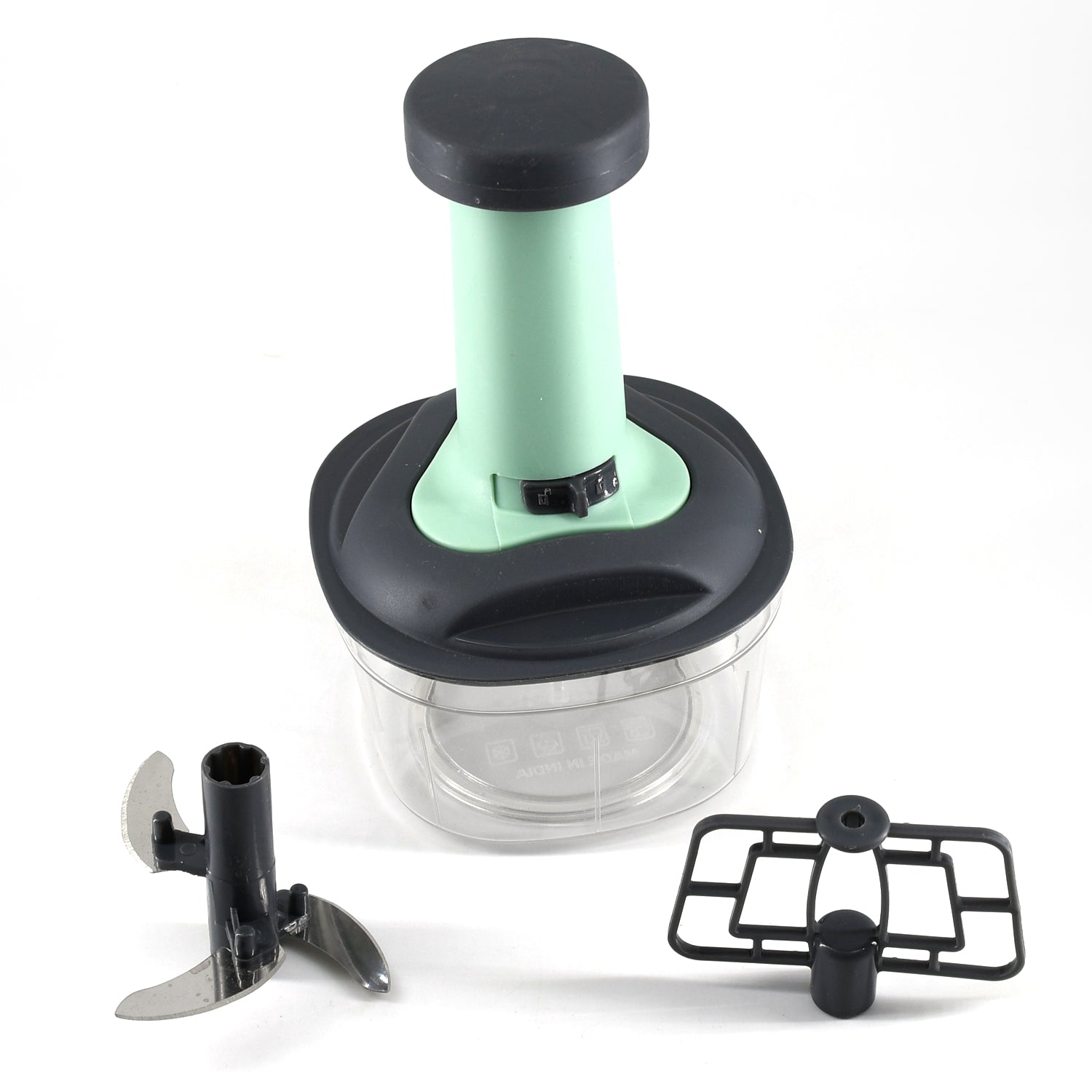 Top-down view of the manual vegetable chopper, showing the ergonomic handle for easy use.