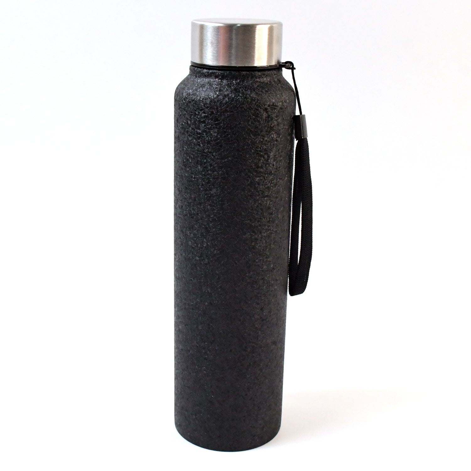 Durable 18/8 stainless steel construction shown on black water bottle