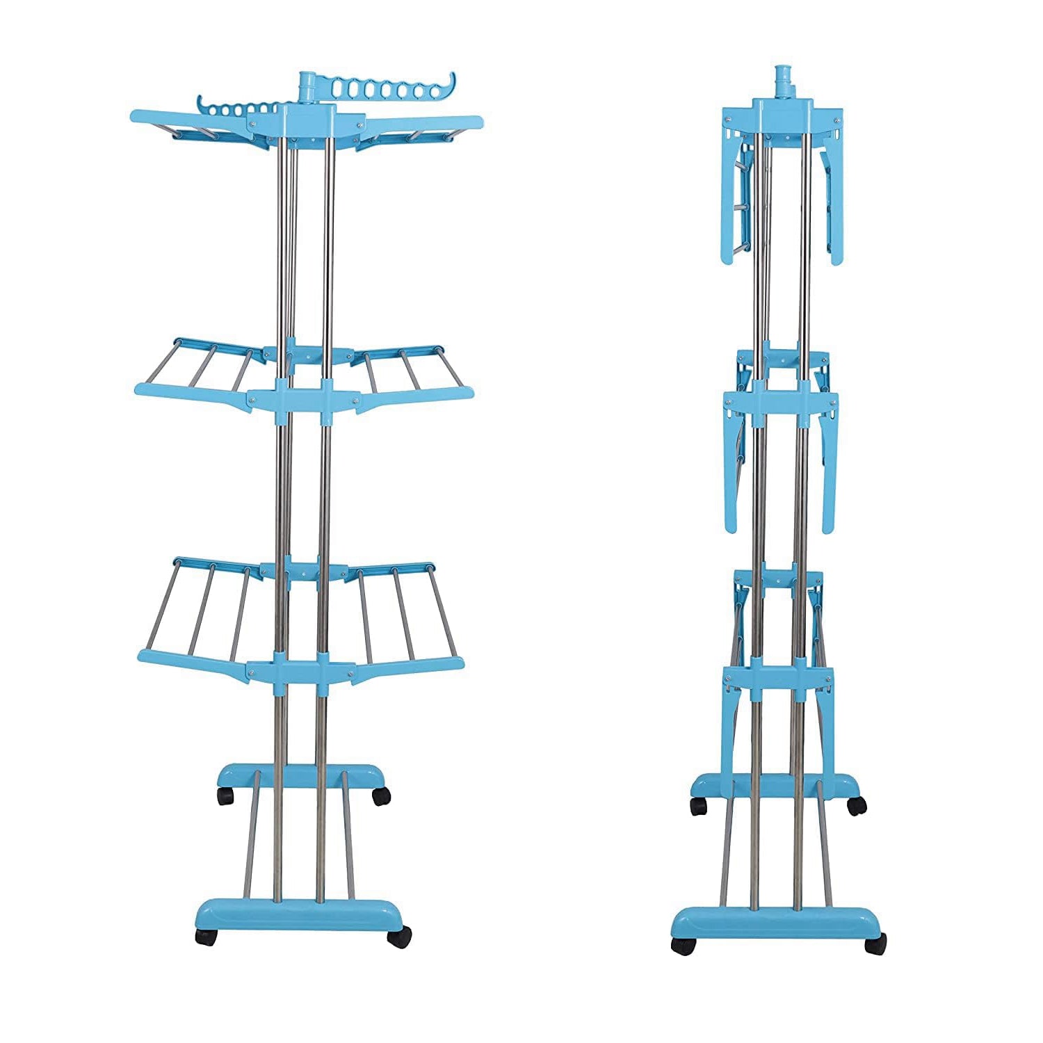 Foldable cloth drying stand with smooth-rolling wheels and locking mechanism.