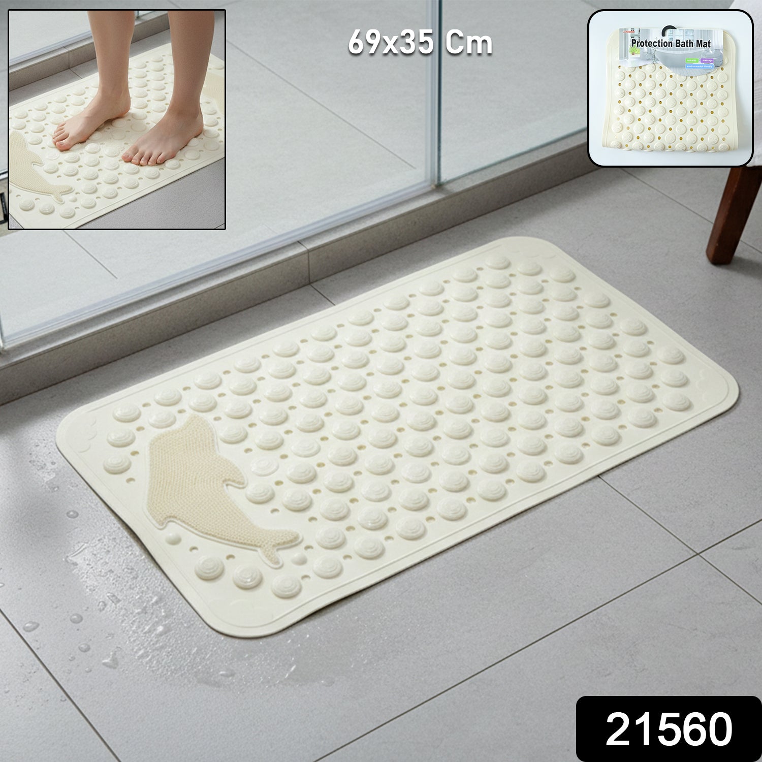 Anti-slip bath mat with suction cups installed in bathroom shower for safety