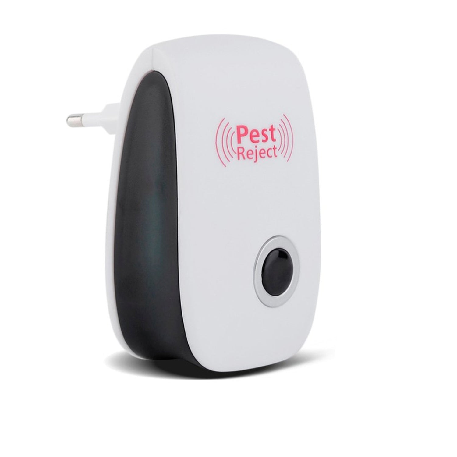 Compact ultrasonic pest repeller showing its effective coverage area illustration.