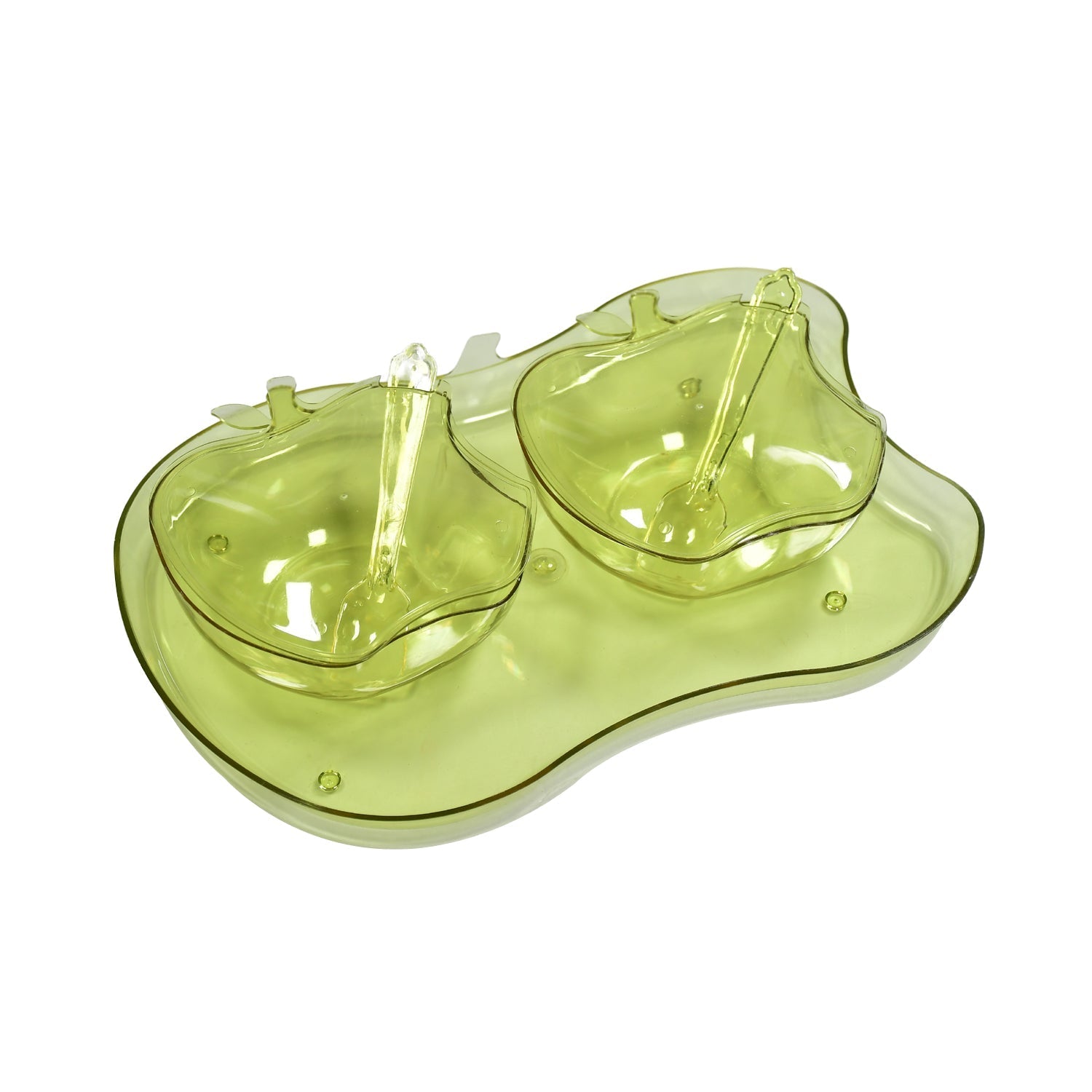 Elegant apple shape serving set with two bowls, spoons, and a tray for snacks.