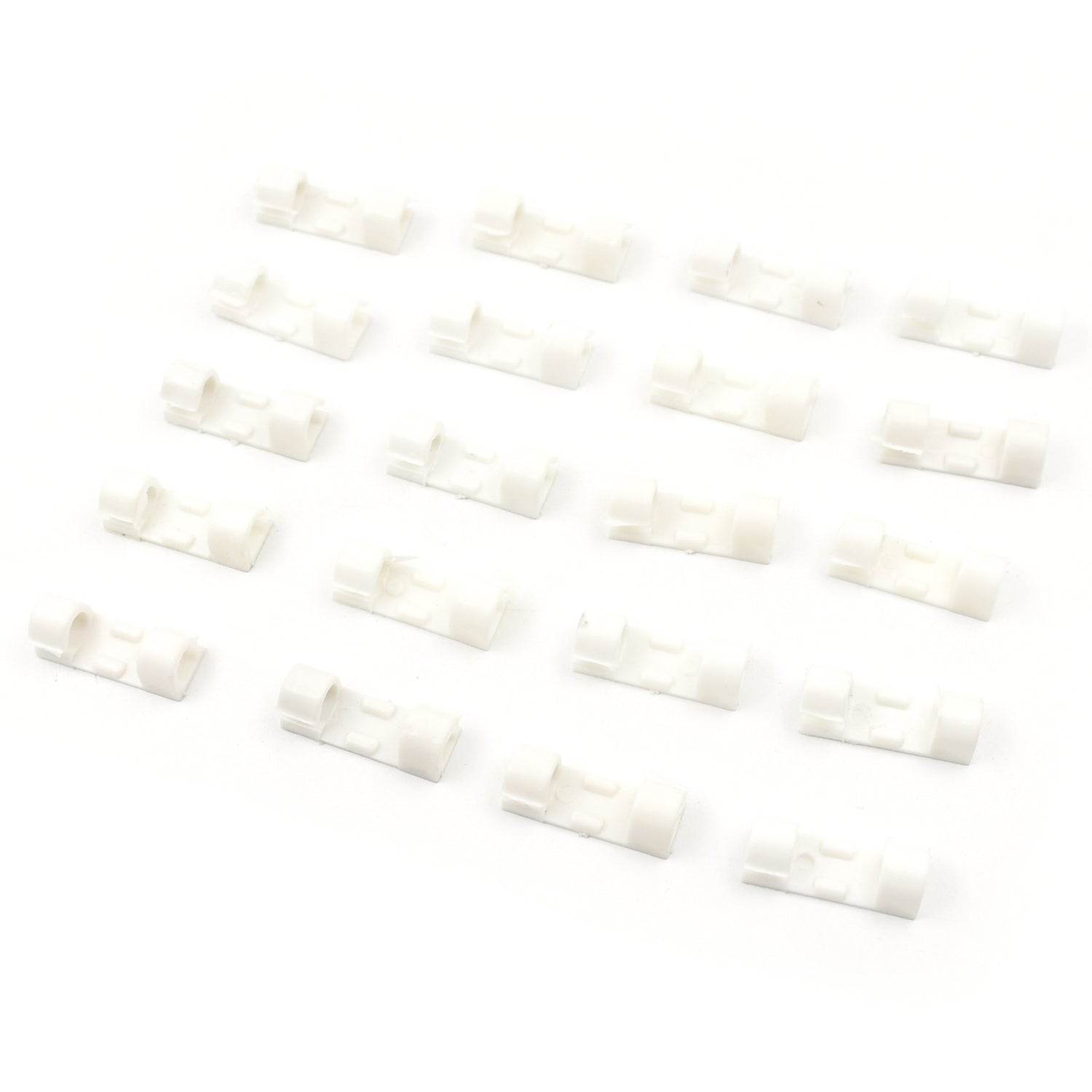 The 20-piece set of plastic cable clips shown in their retail packaging, ready for use.
