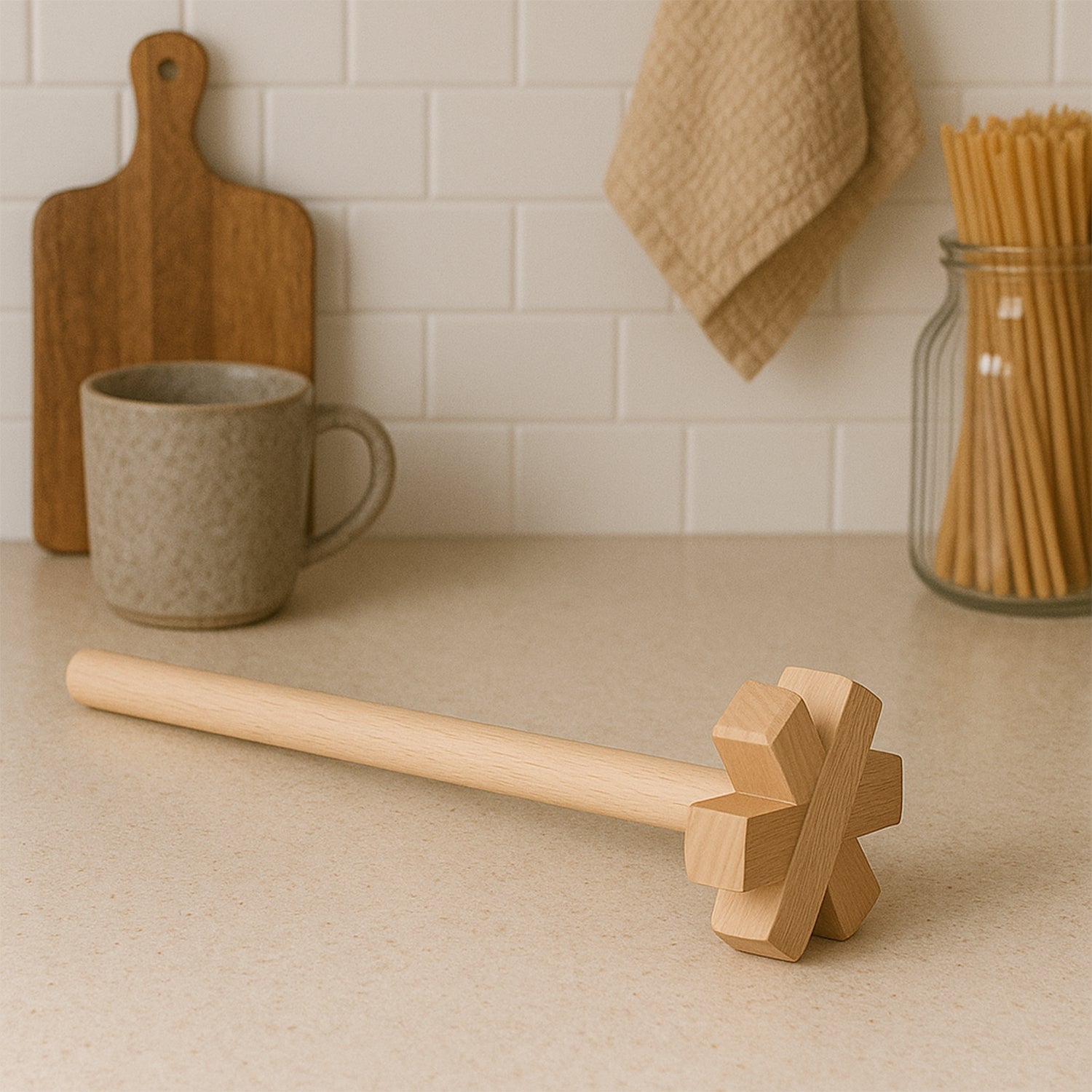 Wooden blender actively smashing vegetables in a bowl for cooking.