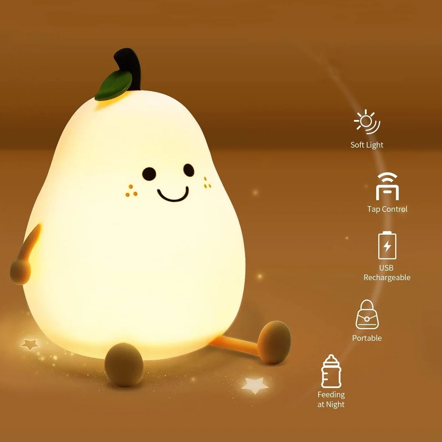Adorable pear silicone night lamp illuminating a child's bedside table.