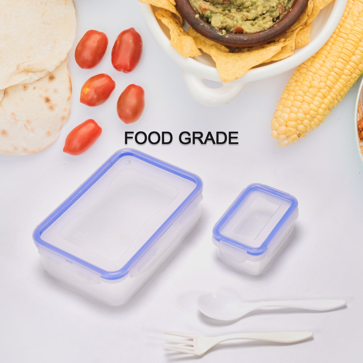 Airtight lunch box with 4-side locks, featuring a small square container inside.