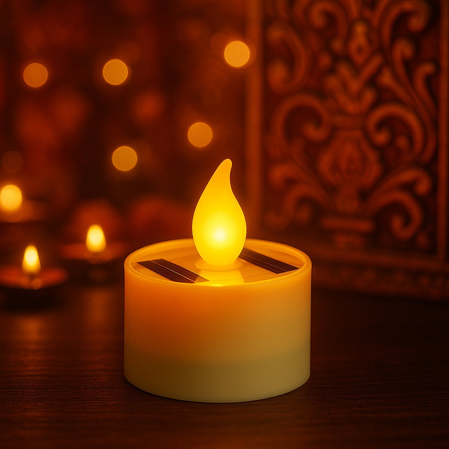 Glowing tealight candle light from solar powered flameless candle