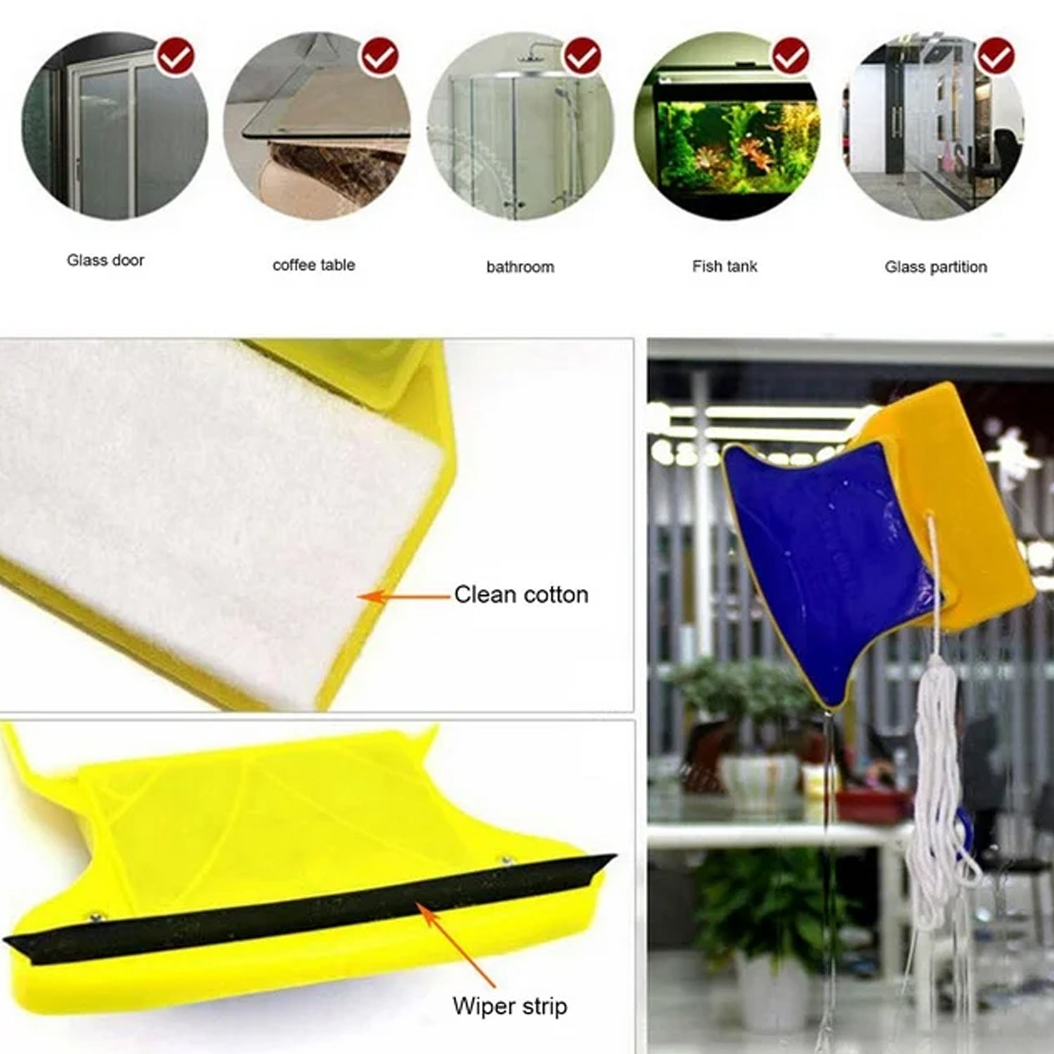 Close-up of the magnetic window cleaner's strong magnet and durable rubber squeegee for effective cleaning.