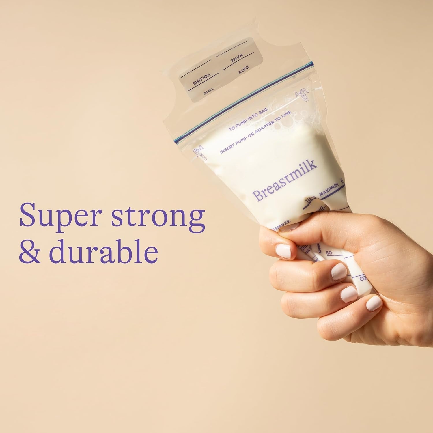 A FERVENT Breastmilk Storage Bag being filled, demonstrating its self-standing feature and wide opening.