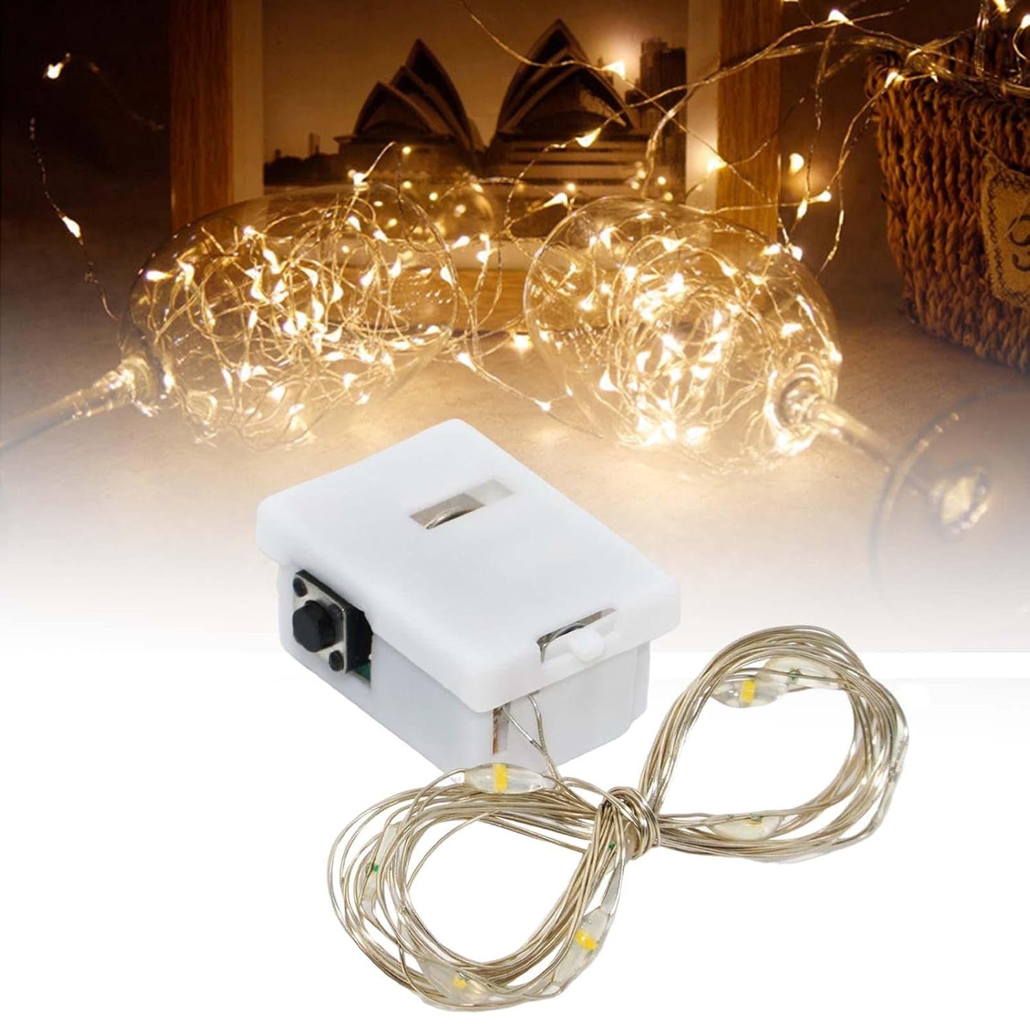 Warm white LED fairy lights on copper wire, ideal for festive home decoration