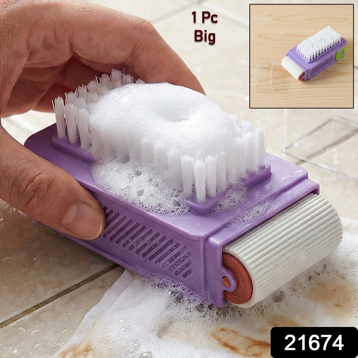 Cleaning brush showing ergonomic handle and roller scrubber for effortless cleaning