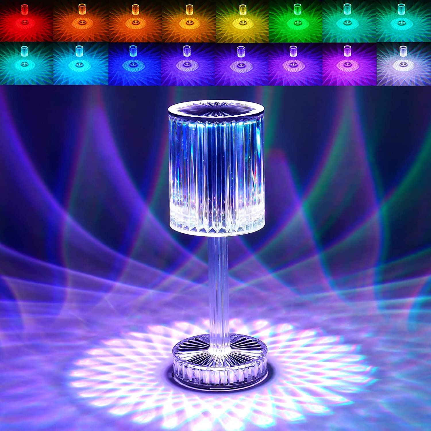 Close-up of the beautiful crystal table lamp with USB power cable.