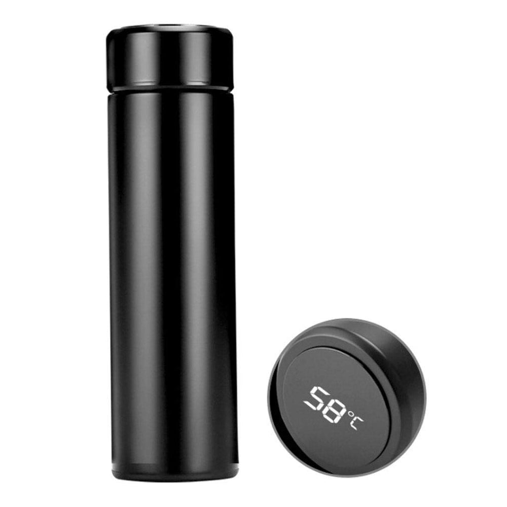 Angled view of the stainless steel temperature display flask.