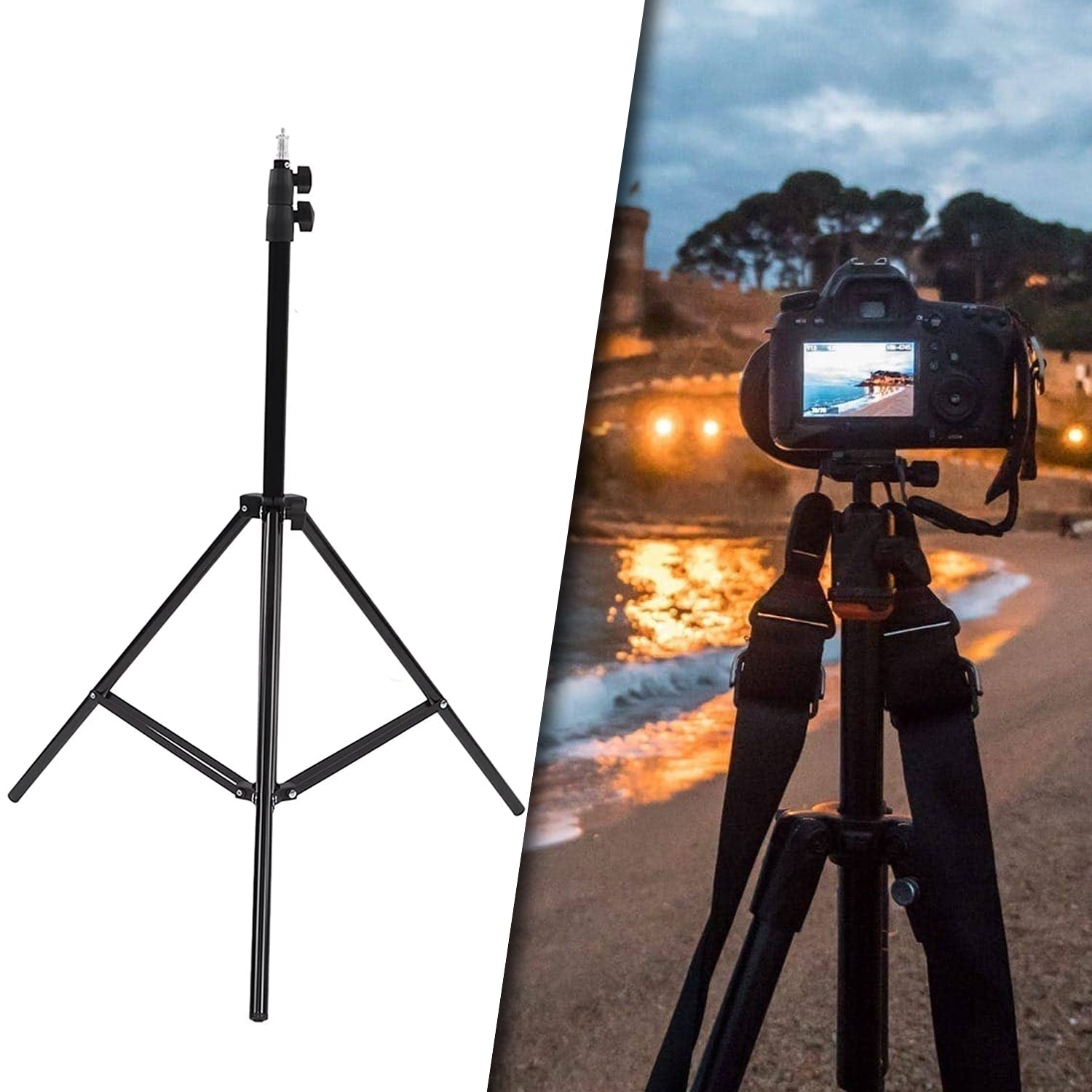 Professional DSLR camera tripod with a multi-angle head, ideal for versatile photography setups.