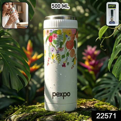 Close-up of floral design on Pexpo water bottle