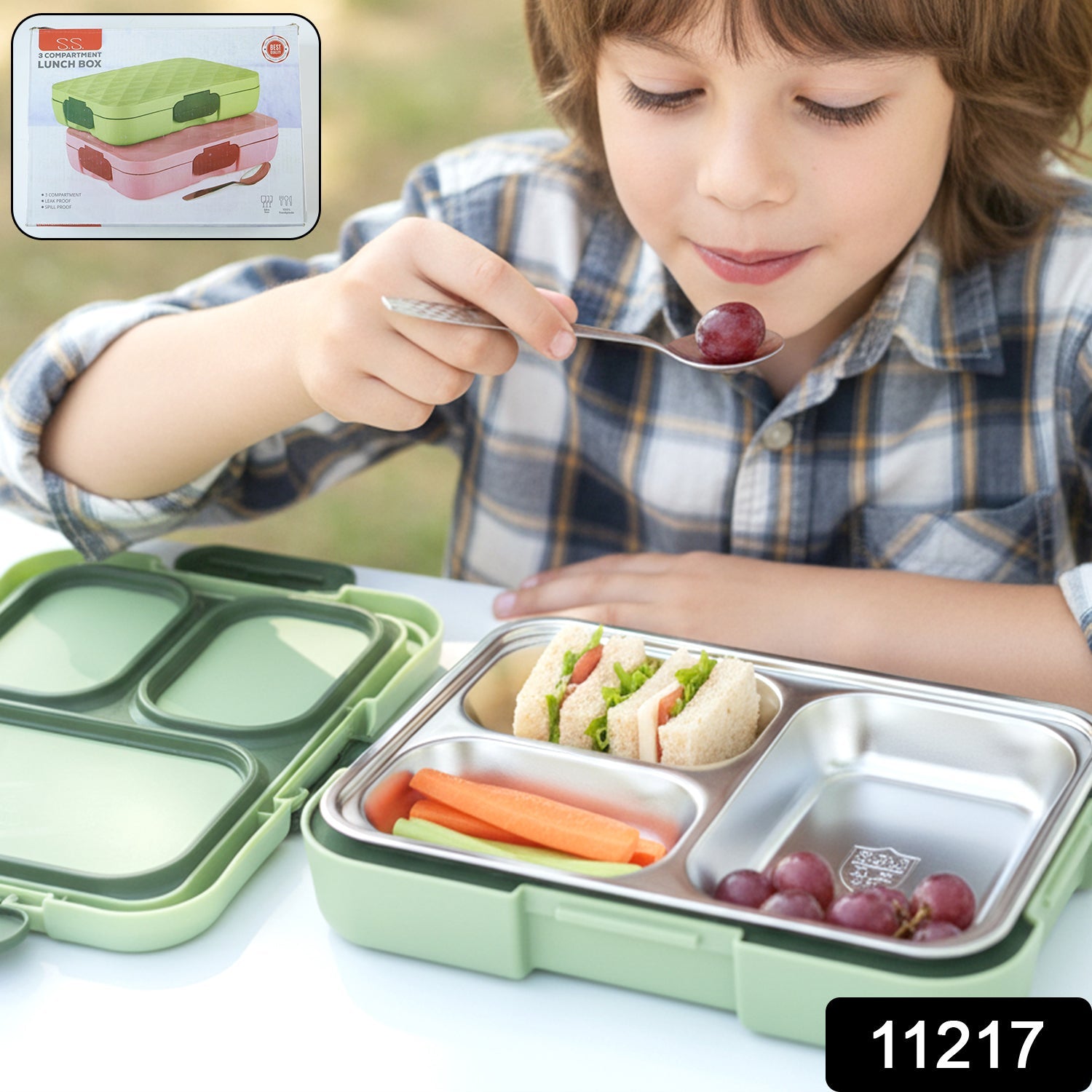 Steel lunch box with 3 sections for organized meals and easy carrying