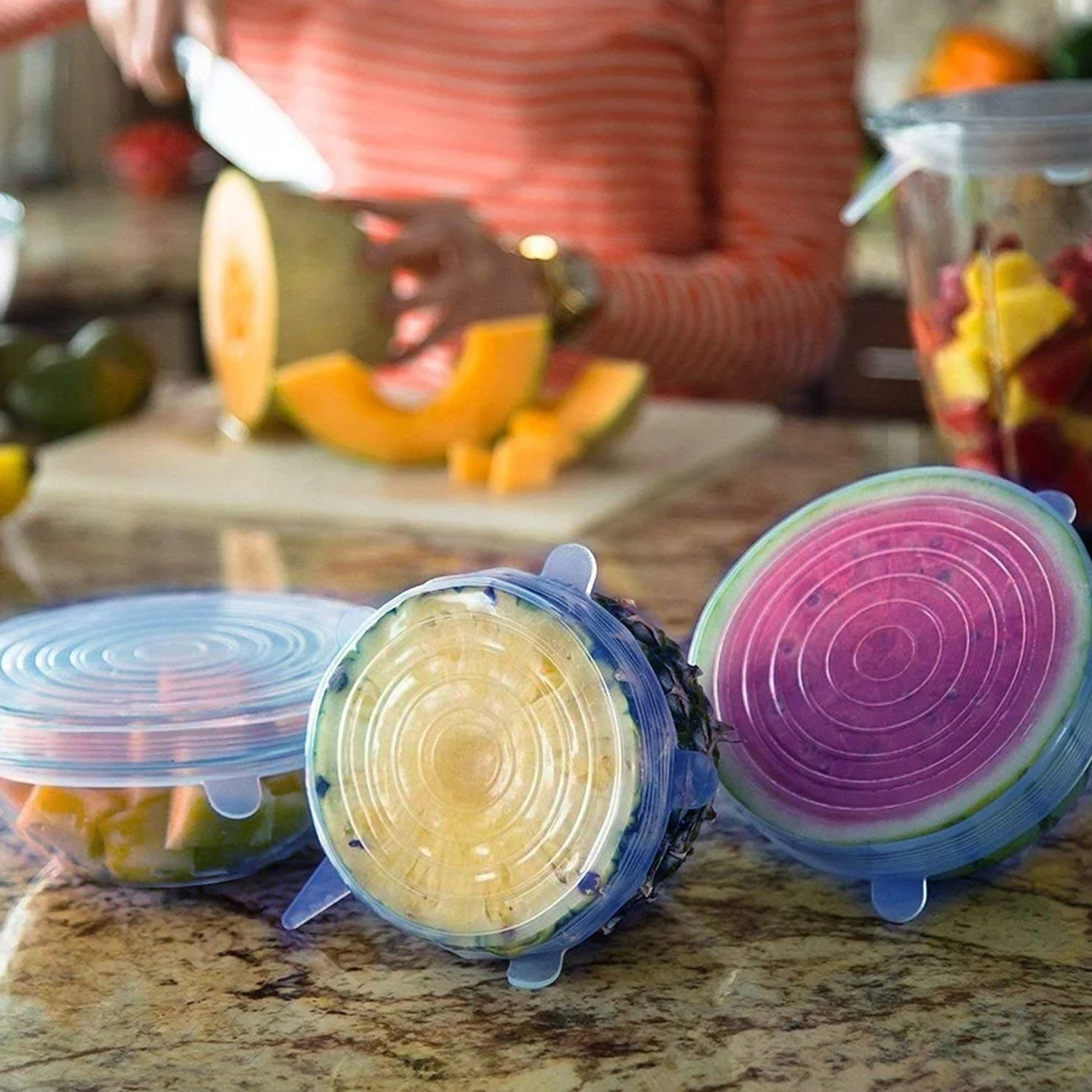 Different sized silicone stretch lids covering bowls to keep food fresh