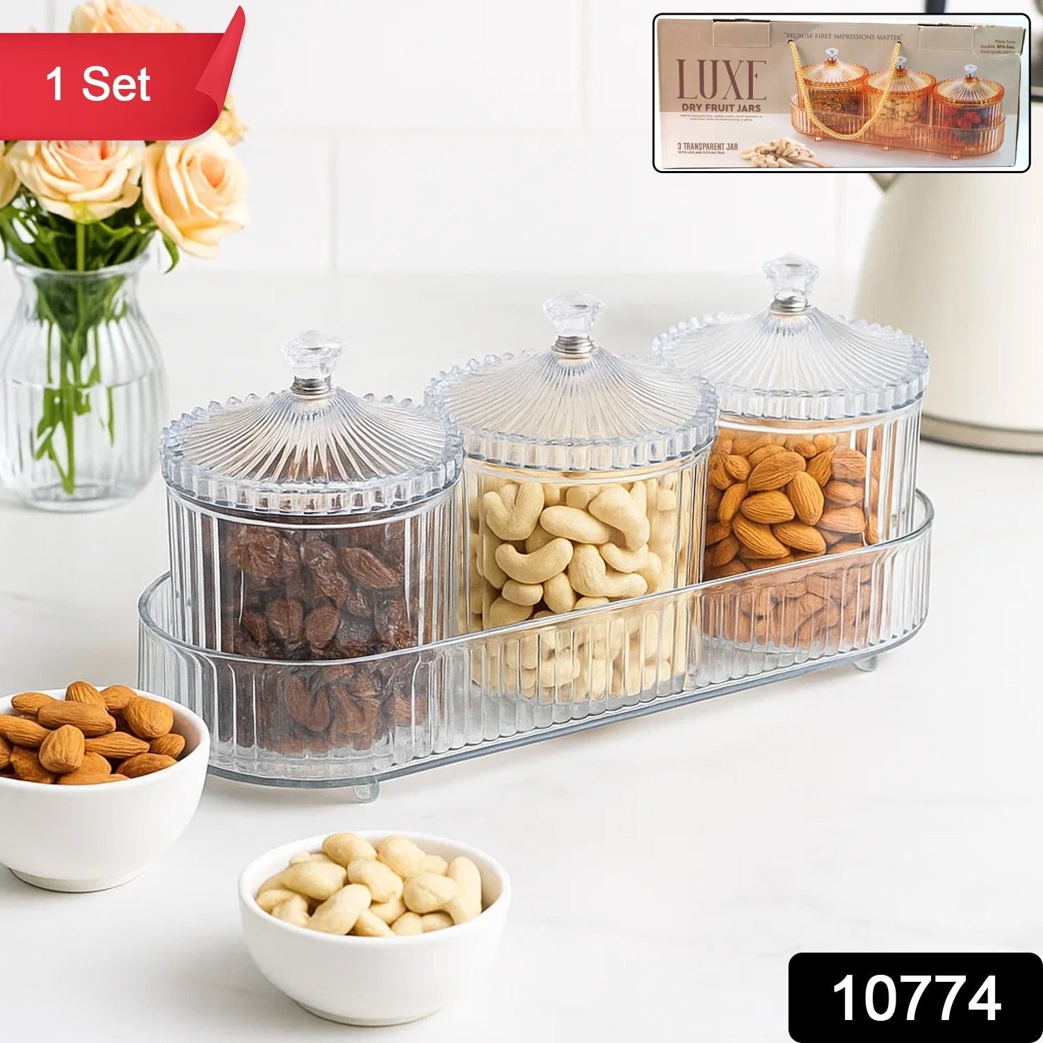 Close-up of dry fruit storage jar with clear ribbed glass and lift-top lid