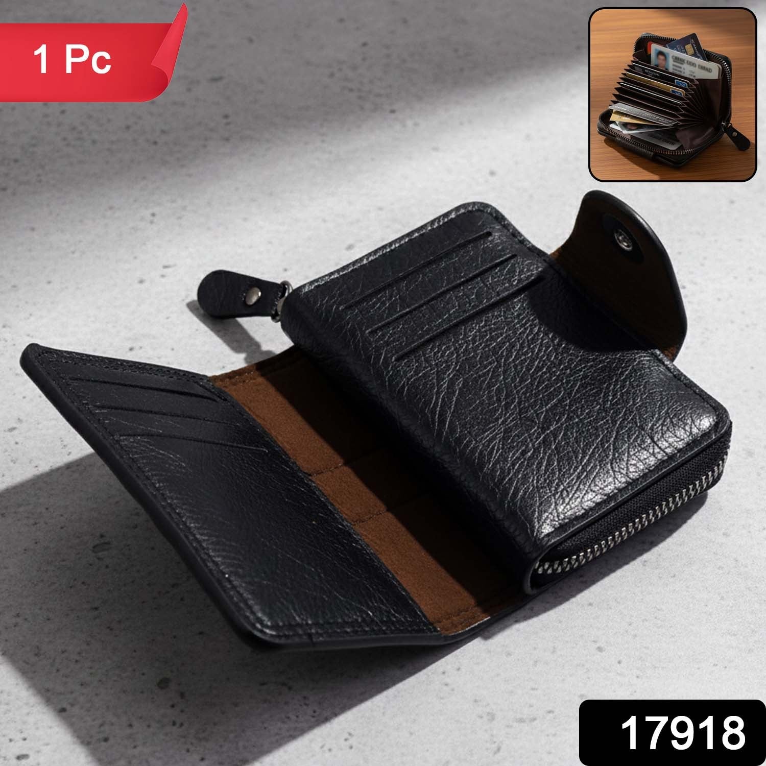 Compact black card holder wallet with multiple card slots open