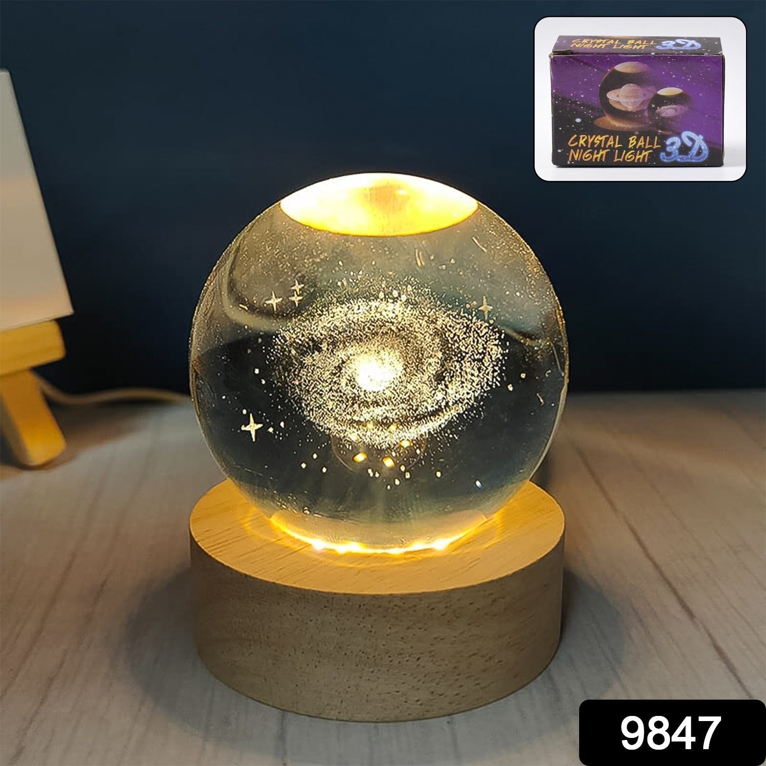 3D Crystal Ball Lamp glowing softly to create a cozy bedroom ambiance.