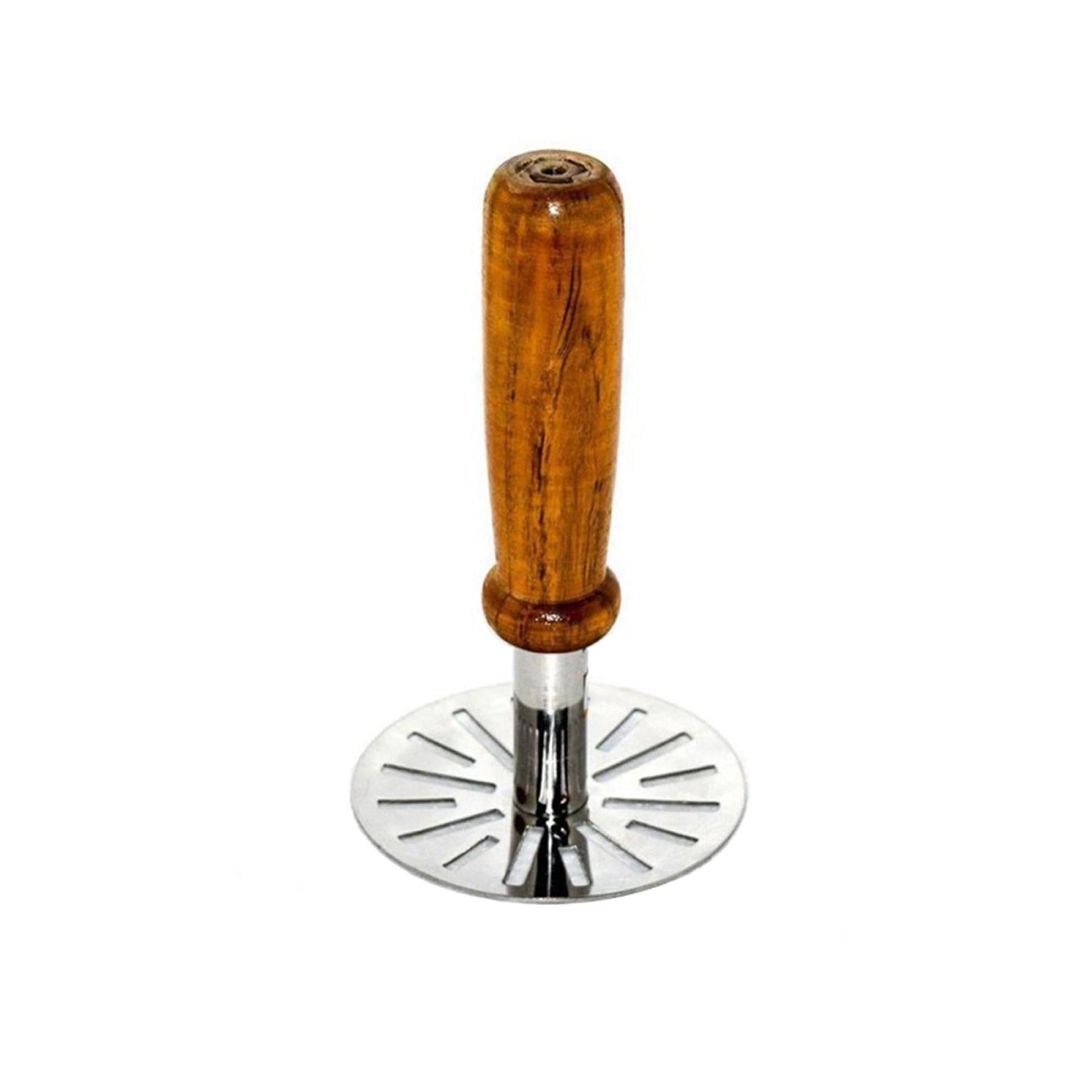 Ergonomic stainless steel paubhaji masher for efficient vegetable mashing.