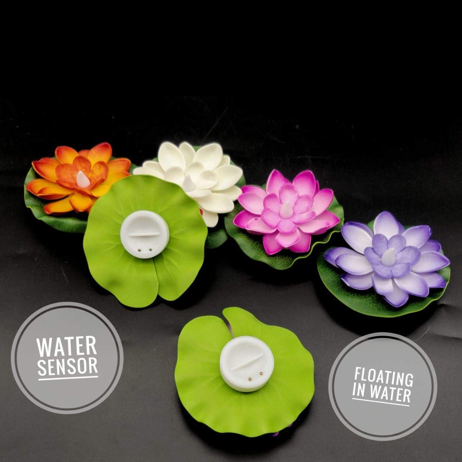 A cluster of multi-color Floating Lotus LED Candles illuminating a water surface during a festive evening.
