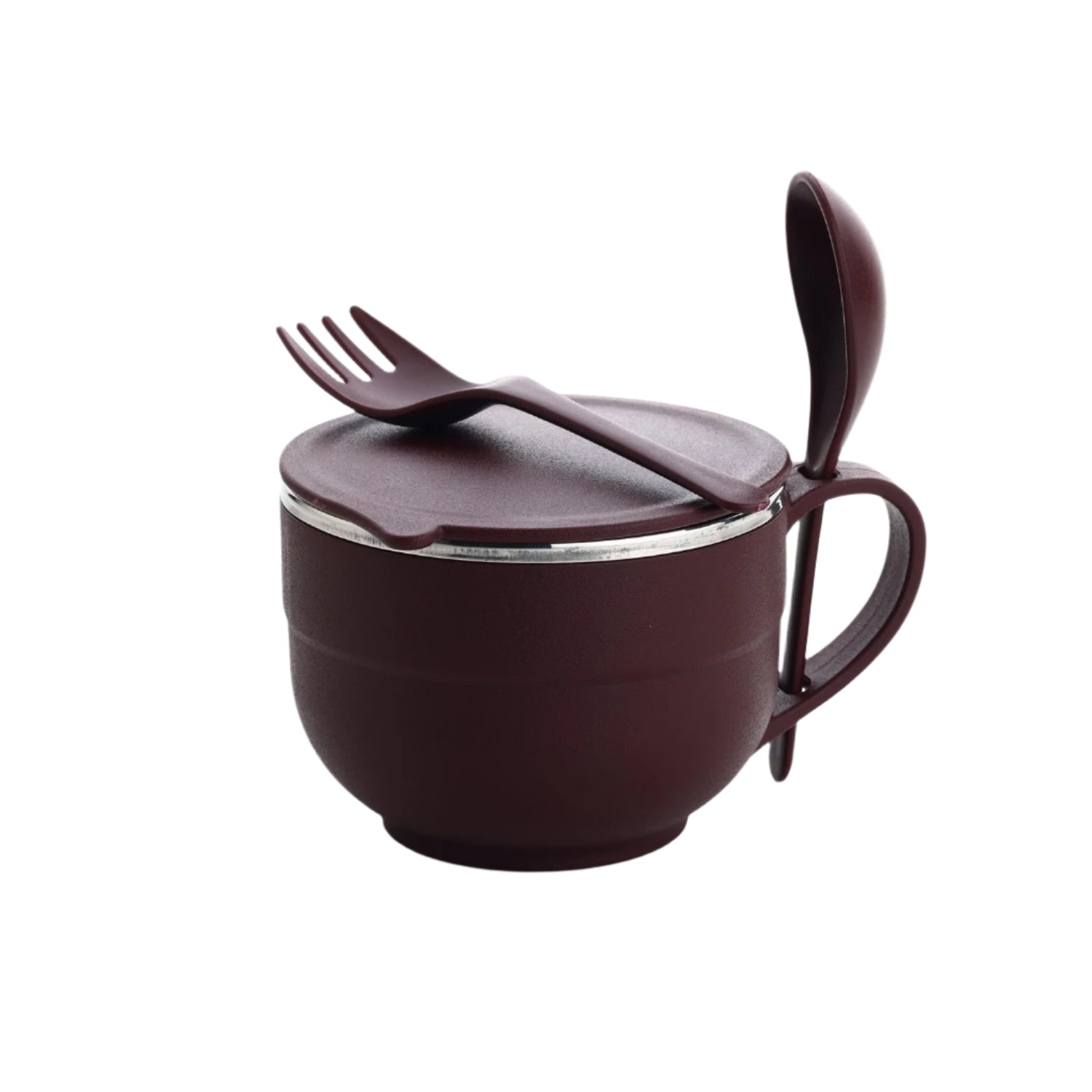 Ergonomic design of the stainless steel food container with spoon holder.