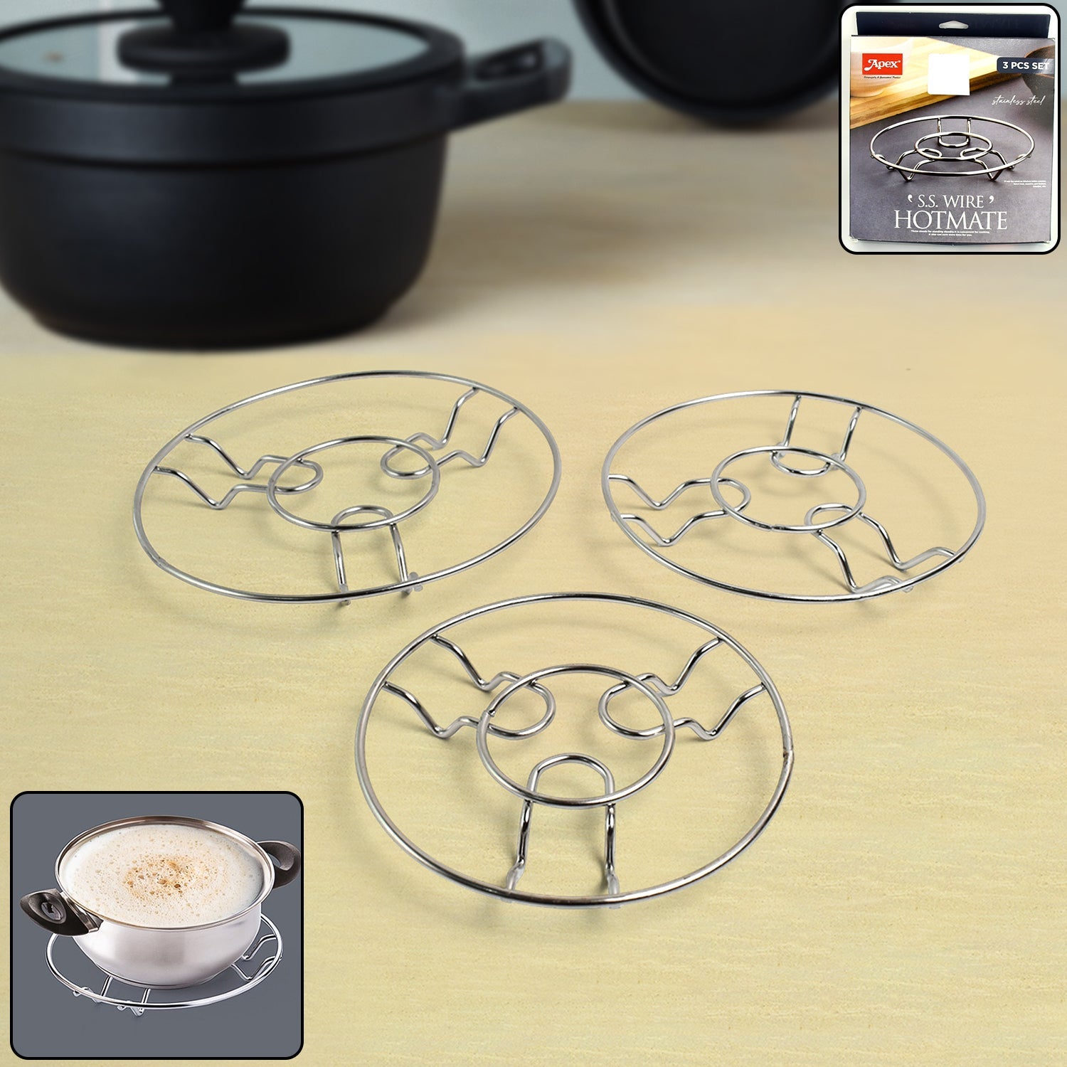 Stainless steel wire trivet set 3-pack displaying varying sizes on kitchen counter