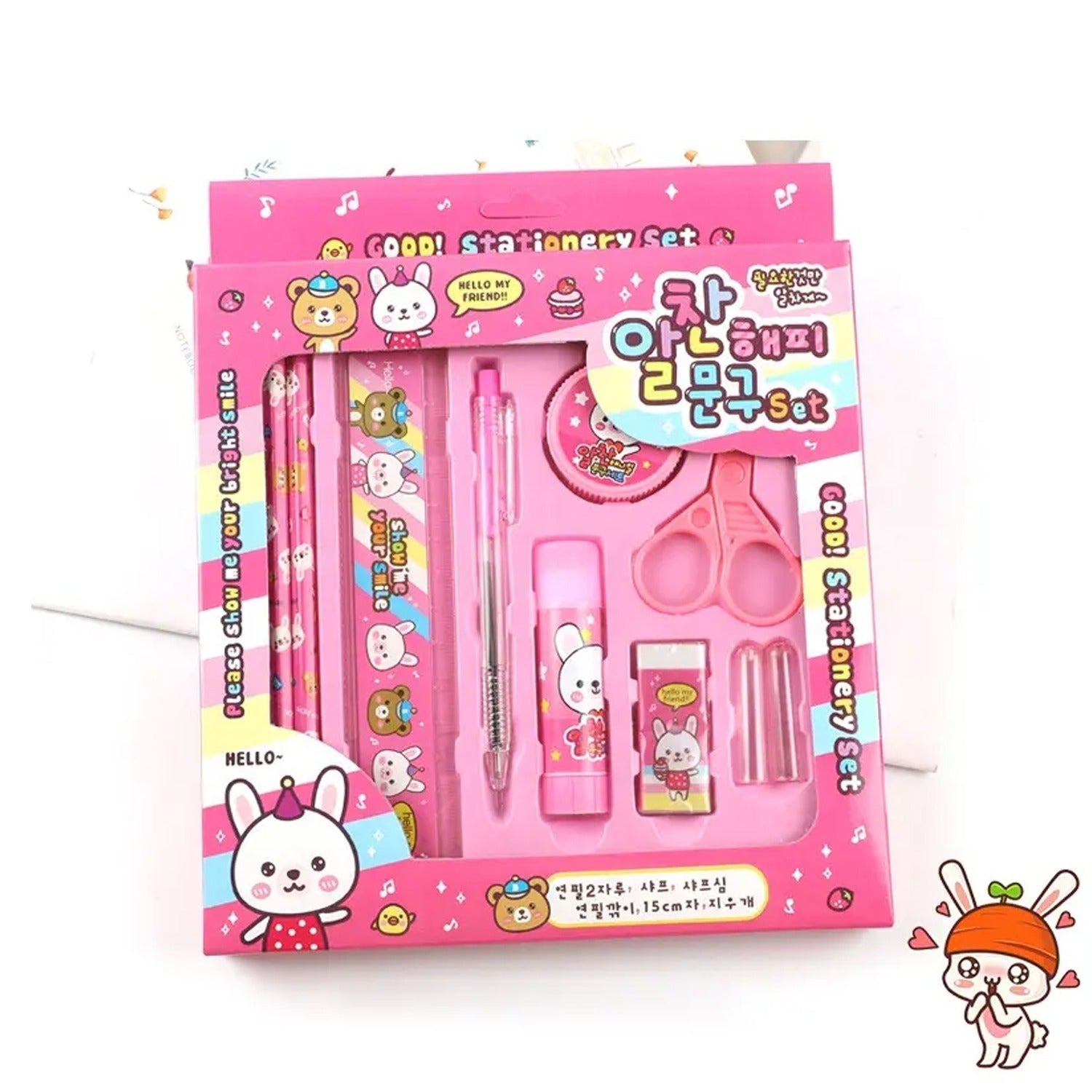 Vibrant 10-piece stationery set featuring pencils, ruler, and other school essentials.