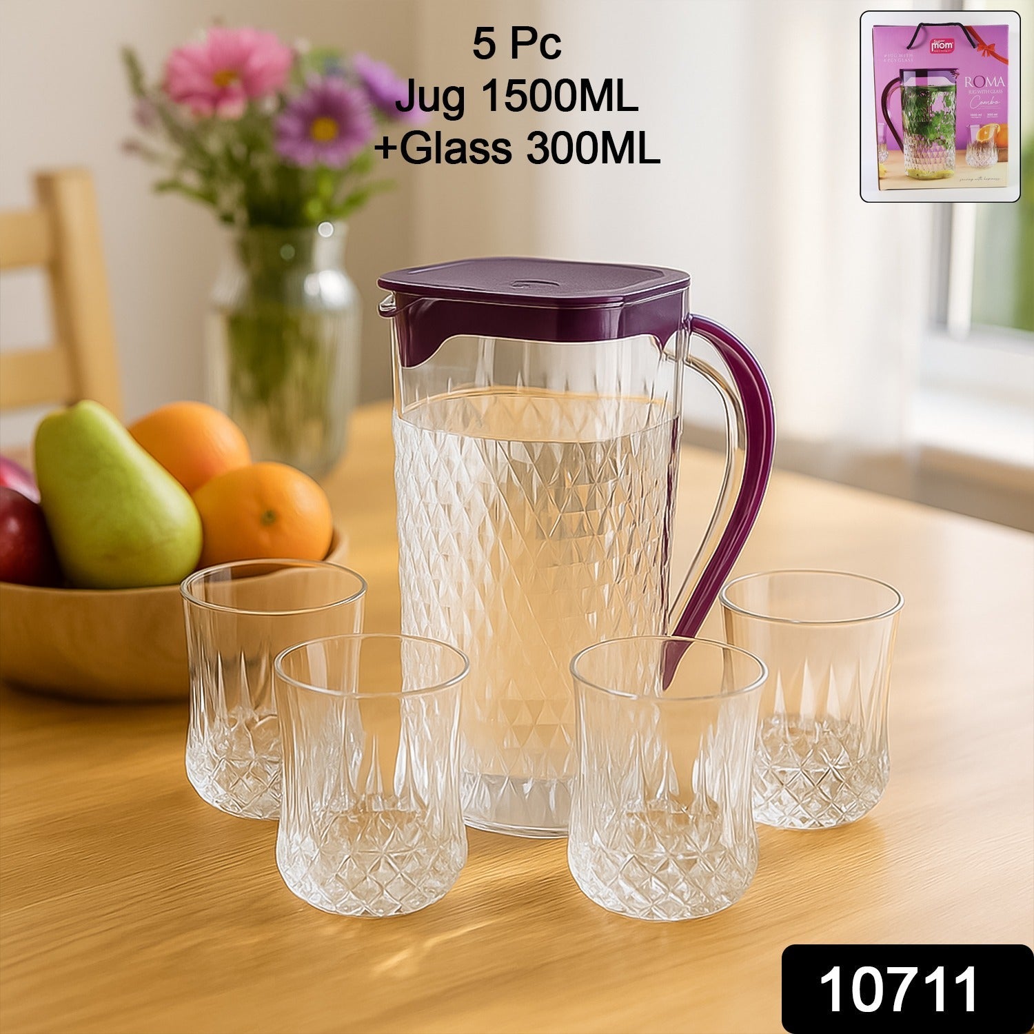 Supermom ROMA diamond-cut plastic jug and four matching glasses