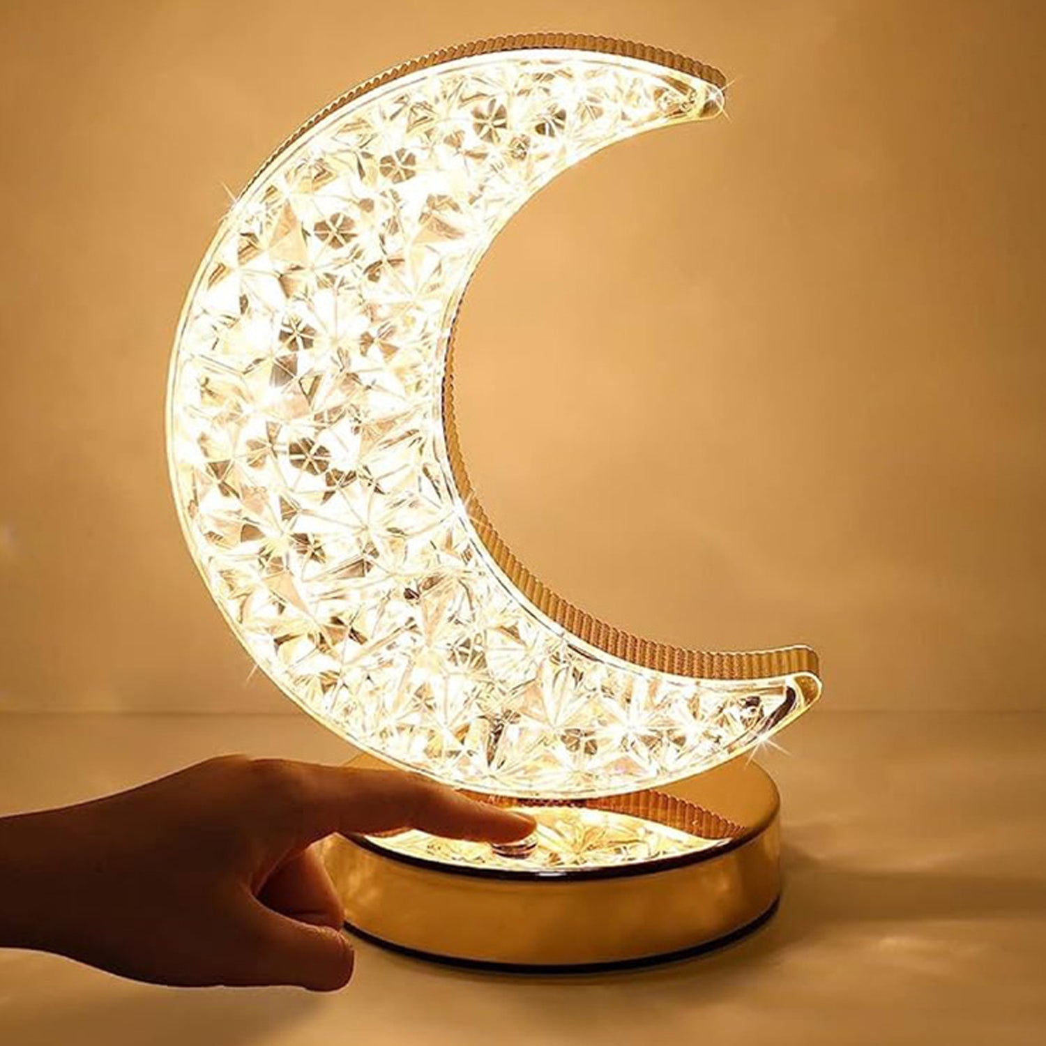 The Moon Crystal Lamp illuminating a room with a warm, inviting light.