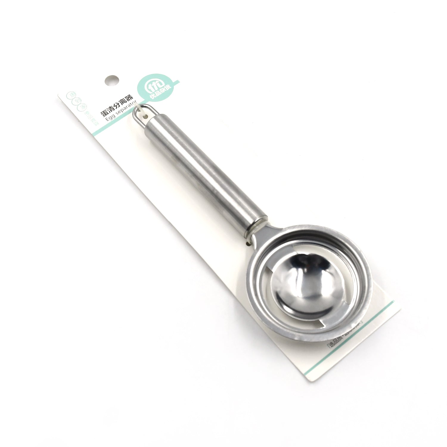 Ergonomic stainless steel egg separator, ideal for baking and cooking tasks.