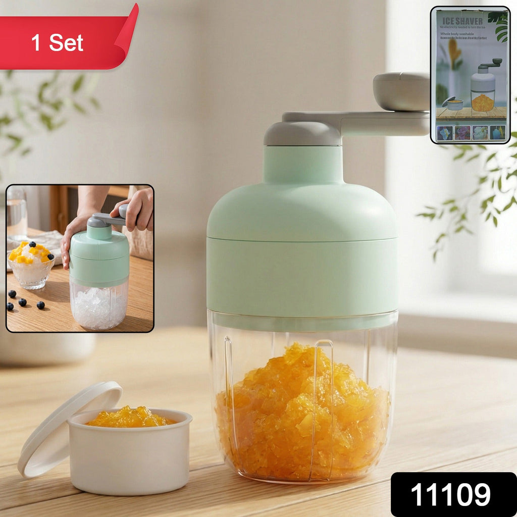 Manual ice crusher with hand crank and transparent container