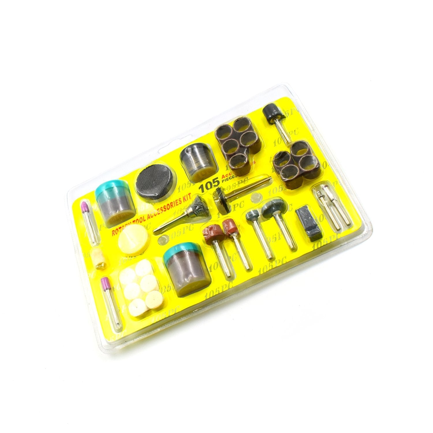 The full 105-piece rotary tool accessories kit laid out, featuring cutting wheels, sanding drums, and polishing pads.