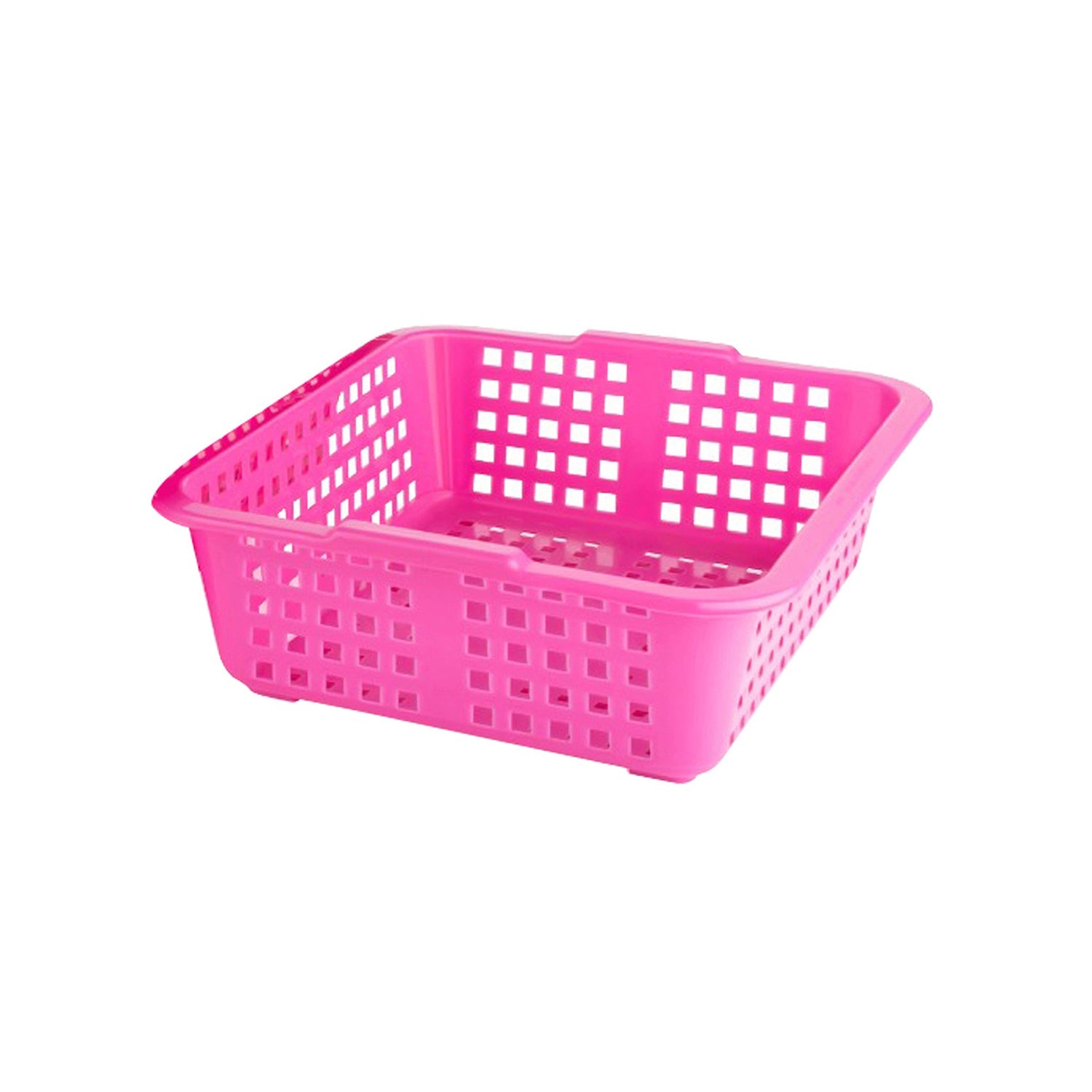 Decorative plastic fruit basket filled with colorful fresh fruits.