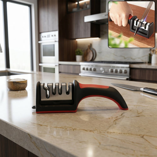 4-stage manual knife sharpener, durable plastic and metal construction