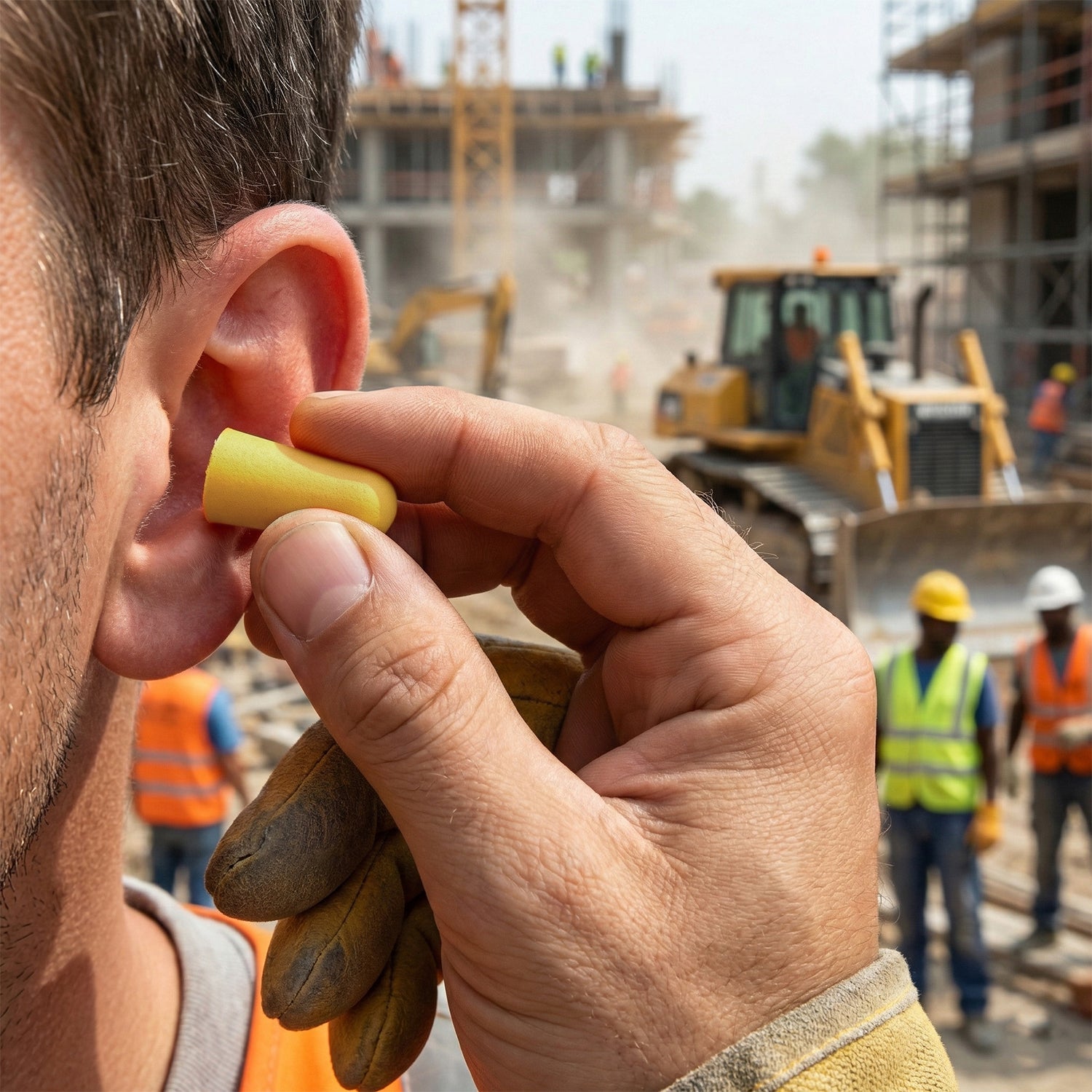 Close-up view of a single soft foam noise reduction ear plug