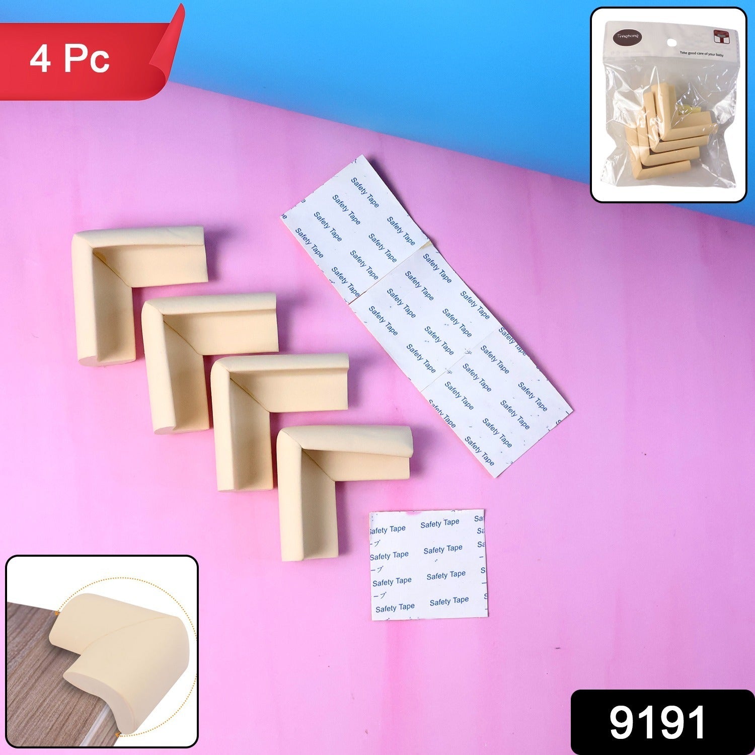 Set of 4 soft foam corner guards attached securely on furniture with adhesive tape