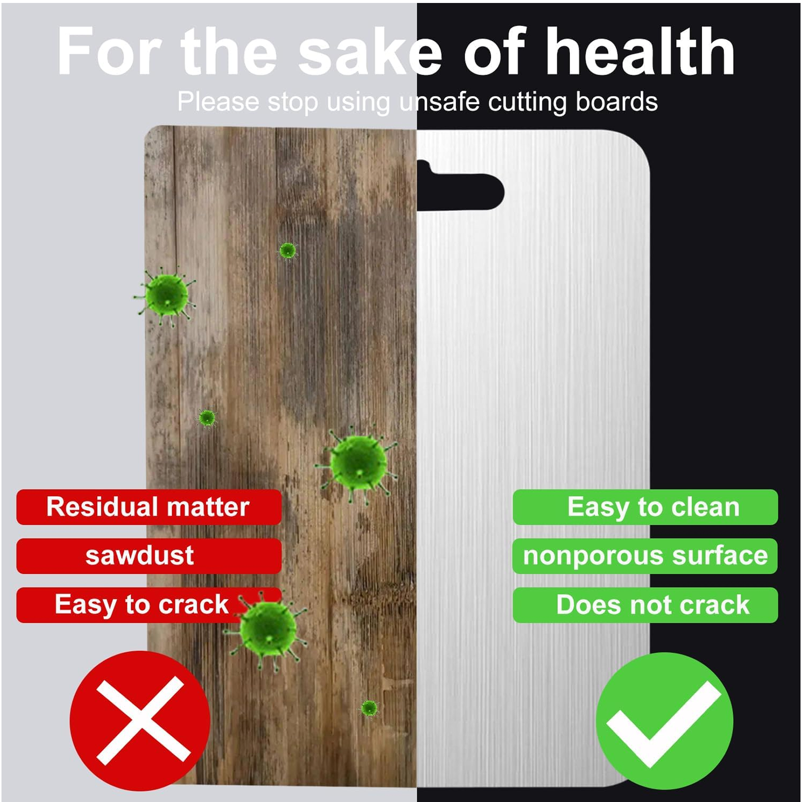 Premium food-grade stainless steel chopping board with handle cutout