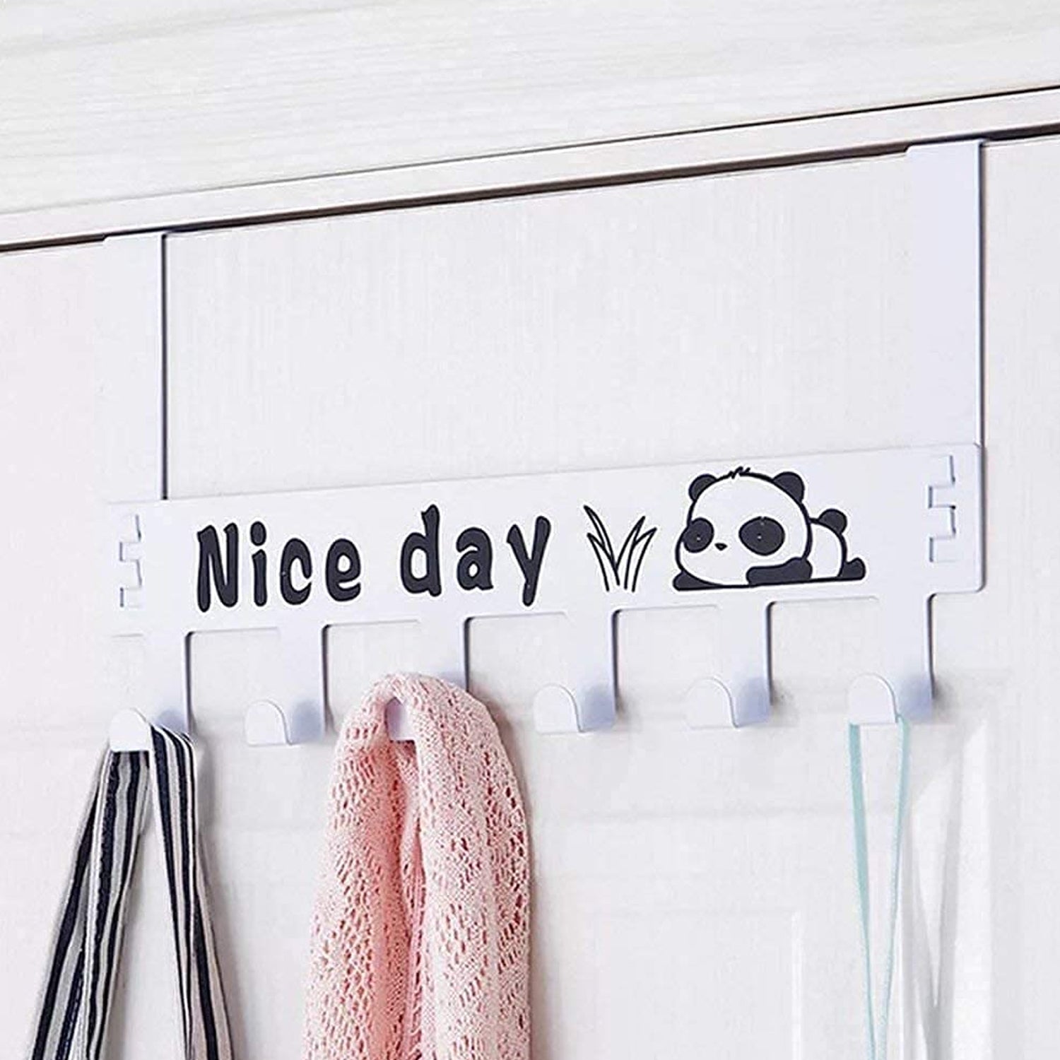 Heavy-duty carbon steel over door hook hanger rack in white with six sturdy hooks